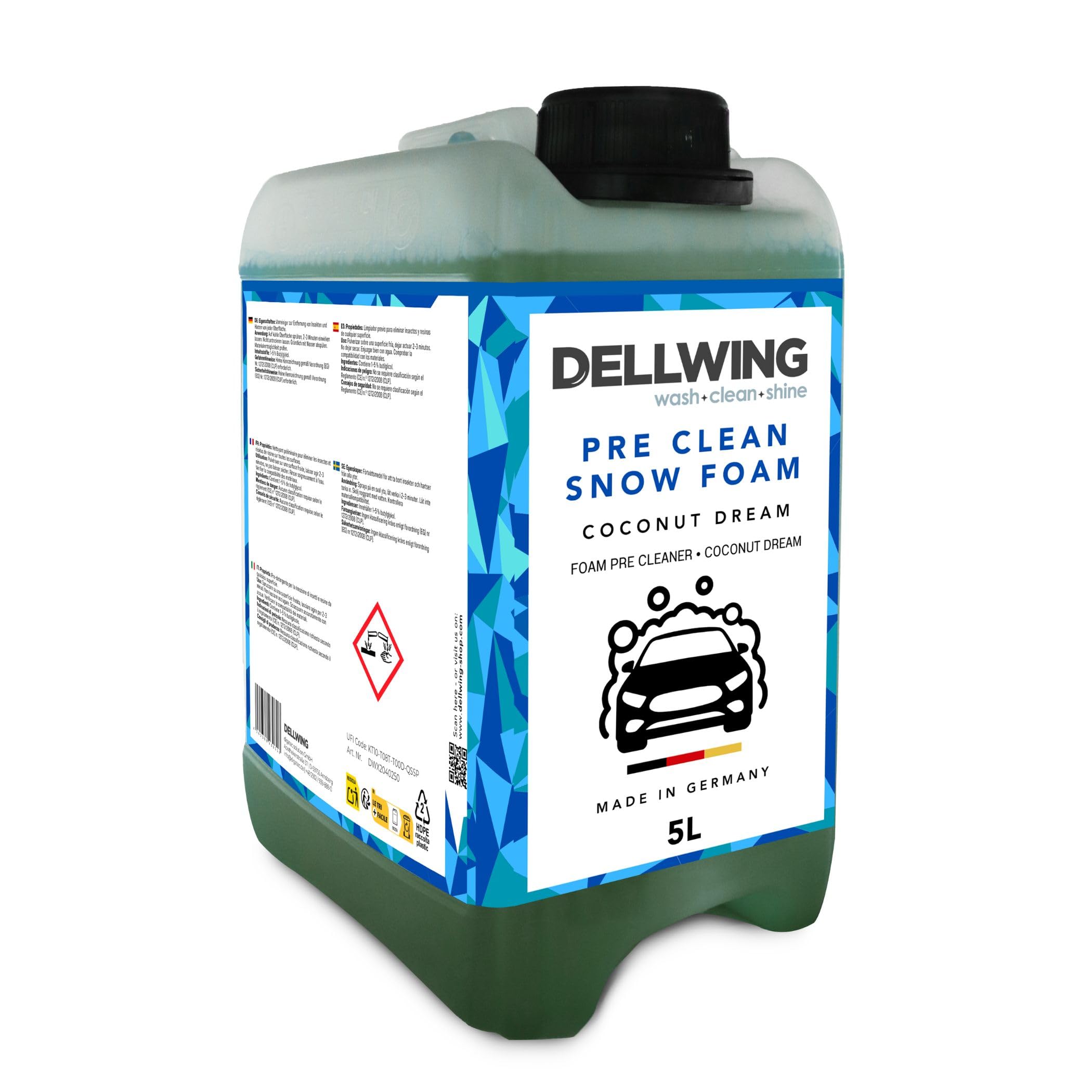 Dellwing Pre Clean Snow Foam Konzentrat 5 l, CoconutDeam-Geruch, Auto Vorwäsche Shampoo ph-neutral, Schaumreiniger für Autowäsche und Autopflege außen, Made in Germany | Auto Vorwäsche Shampoo pH neutral, Schaumreiniger für Autowäsche und Autopflege außen