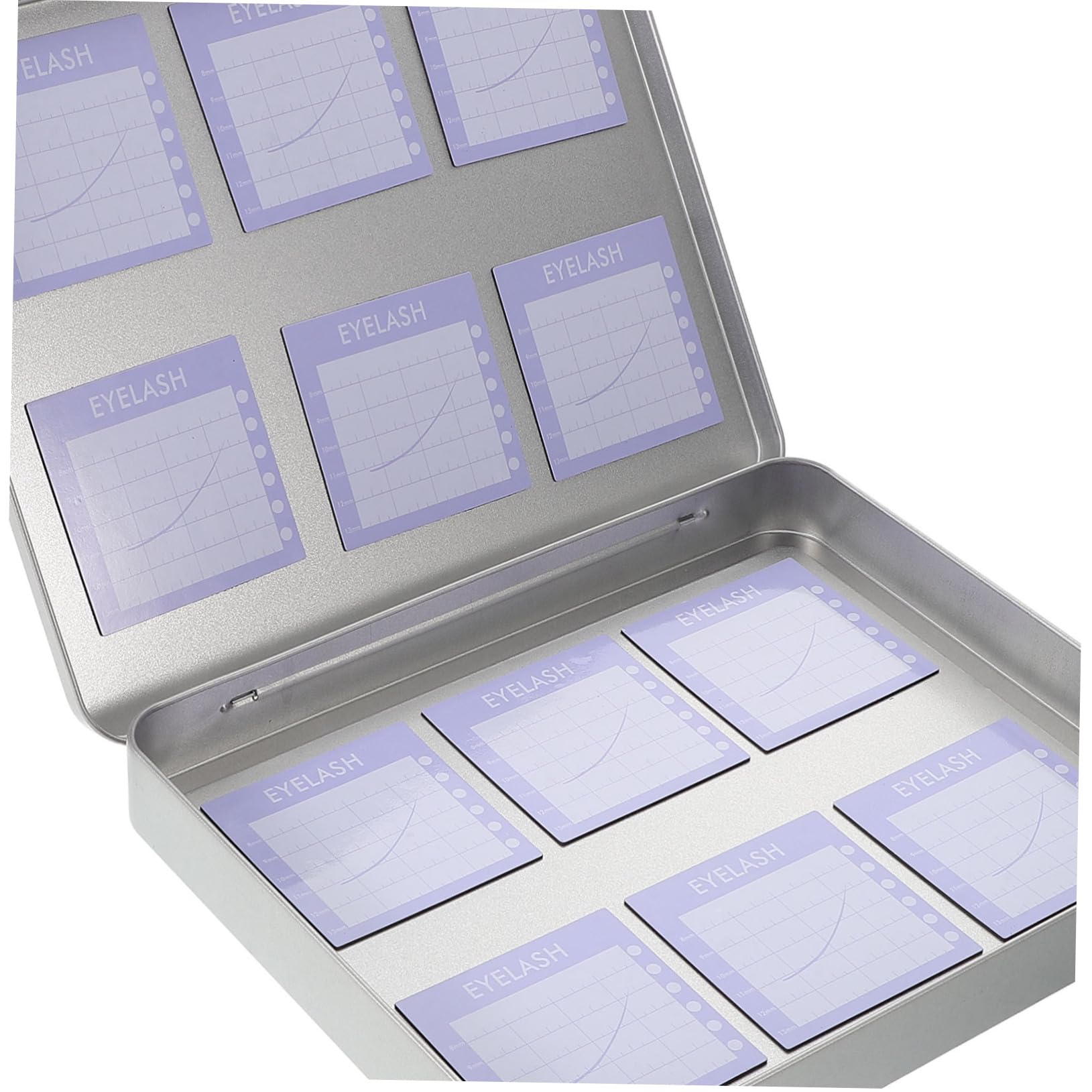 Caja de Almacenamiento de Pestañas de Metal Plata con 12 Láminas Magnéticas | Extensiones y Pestañas, Organiza y Guarda con Cierre Compacto, Formato Medio, Acabado Plateado