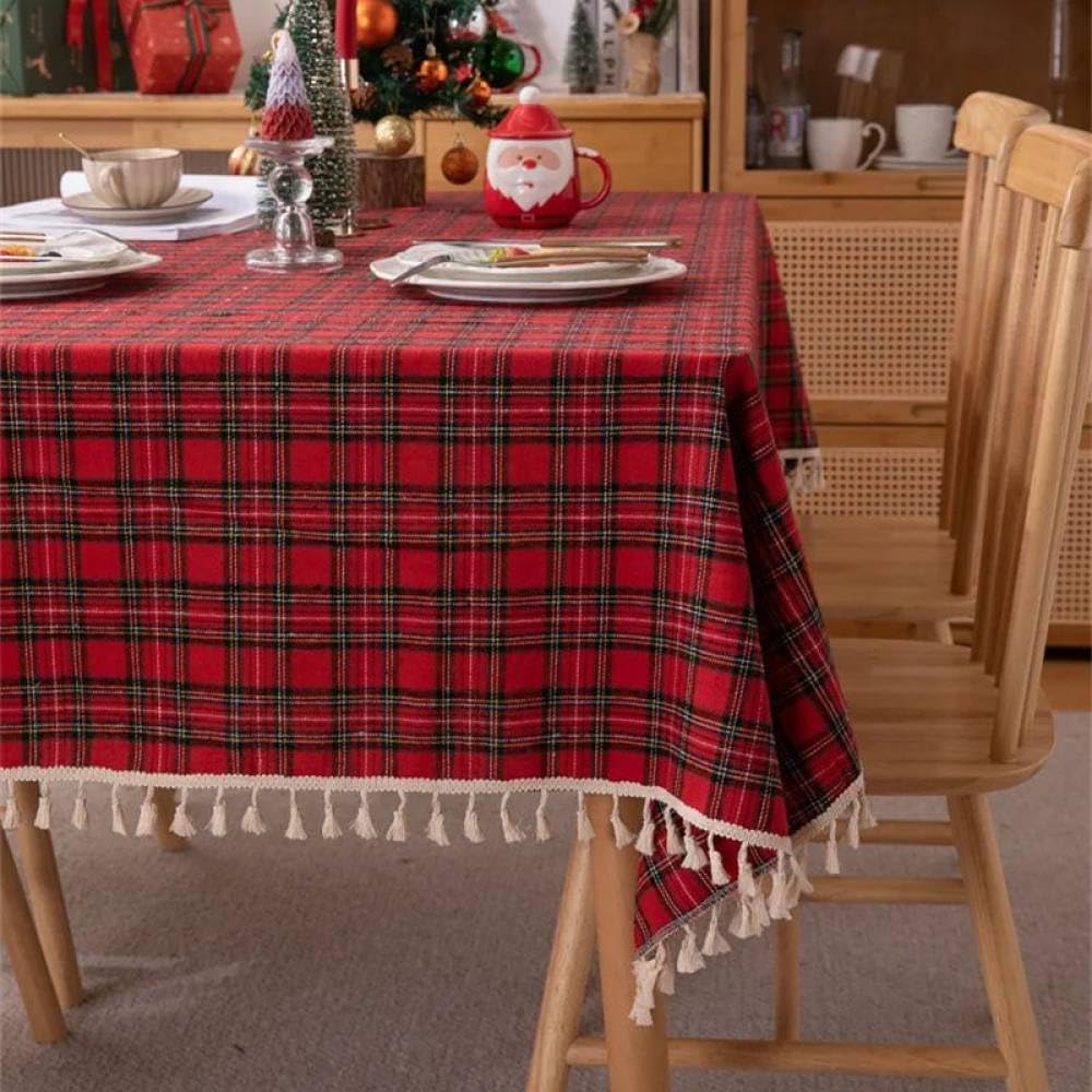 Nappe tartan haut de gamme en textile à carreaux finitions glands 260cm