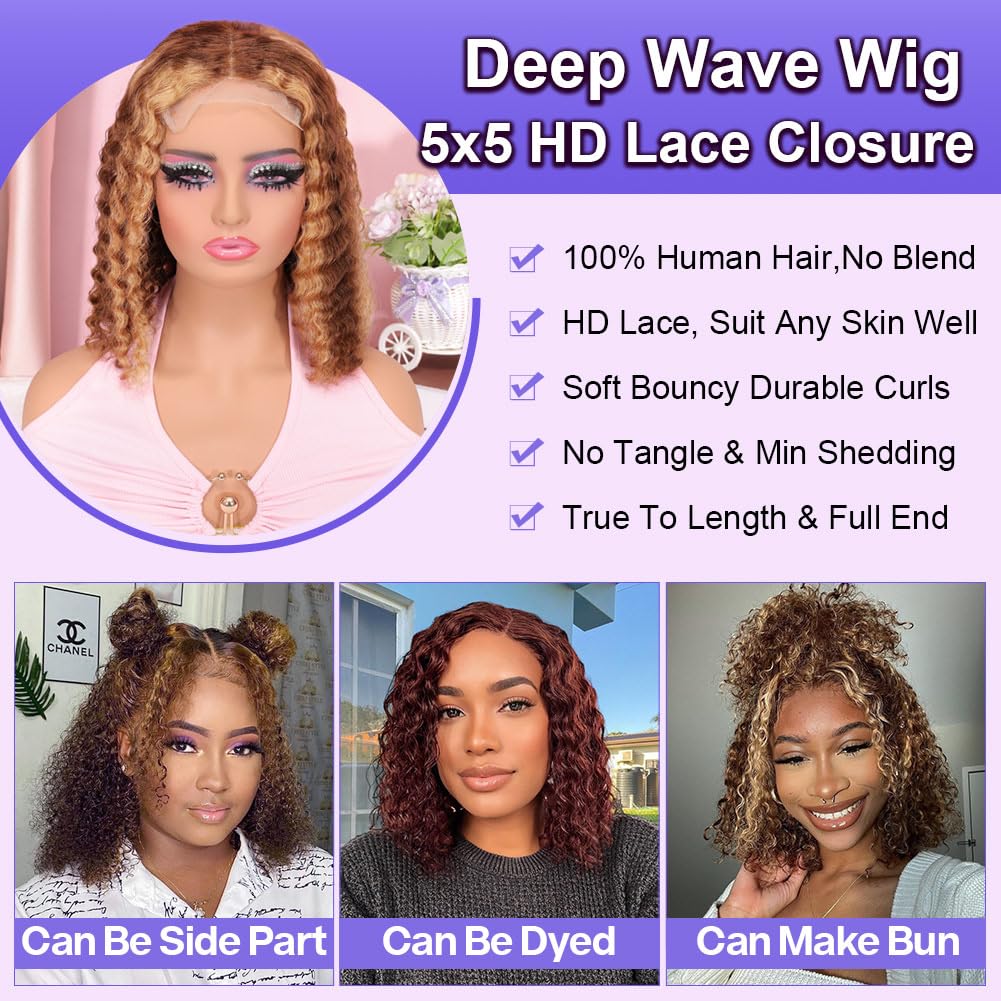 Curly BOB Wig Human Hair 200 Density 5x5 HD Lace Closure Deep Wave Wigs for Black Women Glueless Wear and Go Pre Plucked Deep Wave Wet and Wavy Glueless Wigs Human Hair Highlight 16 Inch