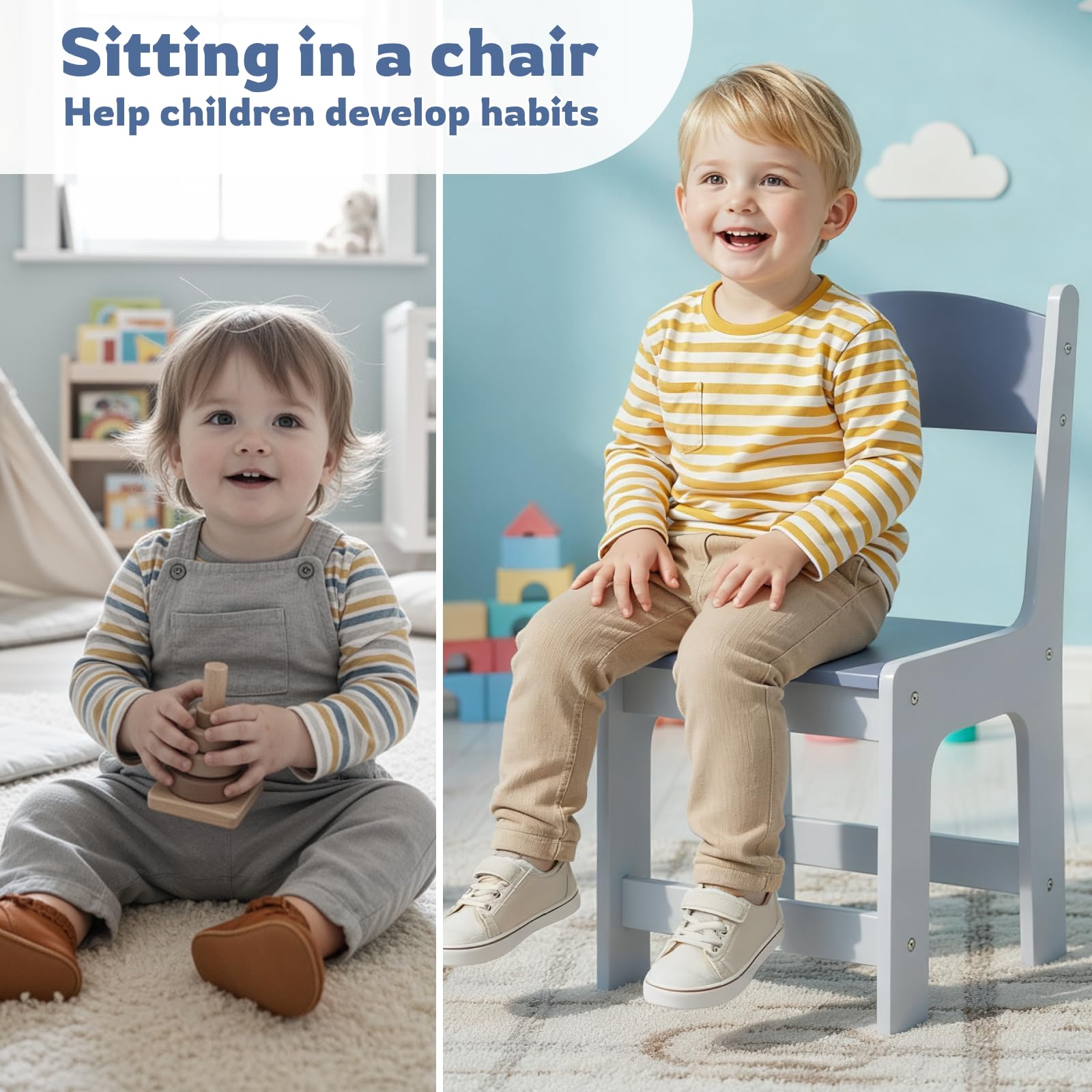 MAMIZO Kinderstuhl Holz 2er Set,ab 1 Jahr, Sitzhöhe 27 cm,Kinderstühle bis 80kg,55x30x28cm für Kinderzimmer,Sitzgruppe Kindertisch,mit Rückenlehne & Fußstütze,Blau