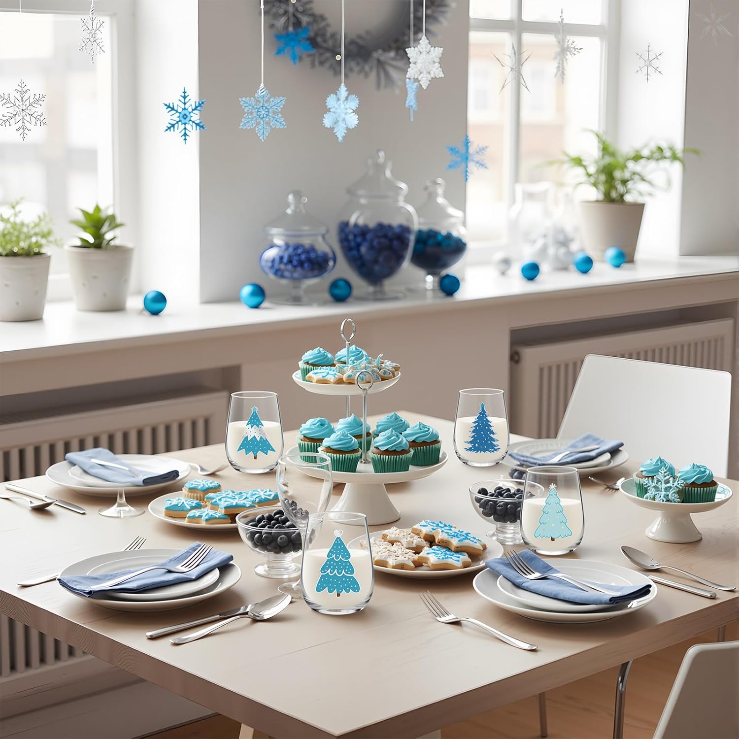 Umigy Set of 6 Winter Stemless Wine Glasses, 12 oz Winter Wine Glassware Funny Holiday Glass Drinkware Mug Cup for Holiday Festive Gatherings(Blue Sliver Xmas Tree) - Image 5
