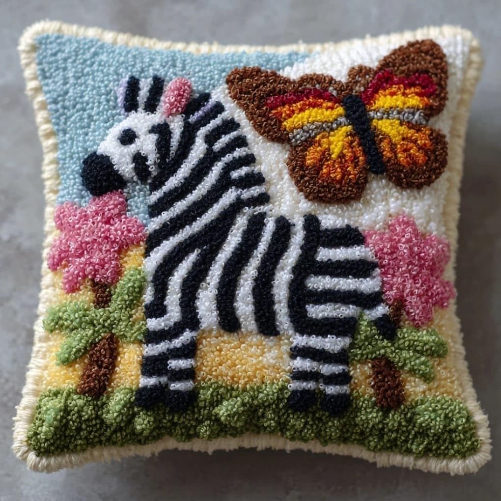 WallustrioaW Latch Hook Pillow Kit -Zebra and Butterfly Embroidery Art Craft Kit - All Ages - Unisex - 43X43Cm
