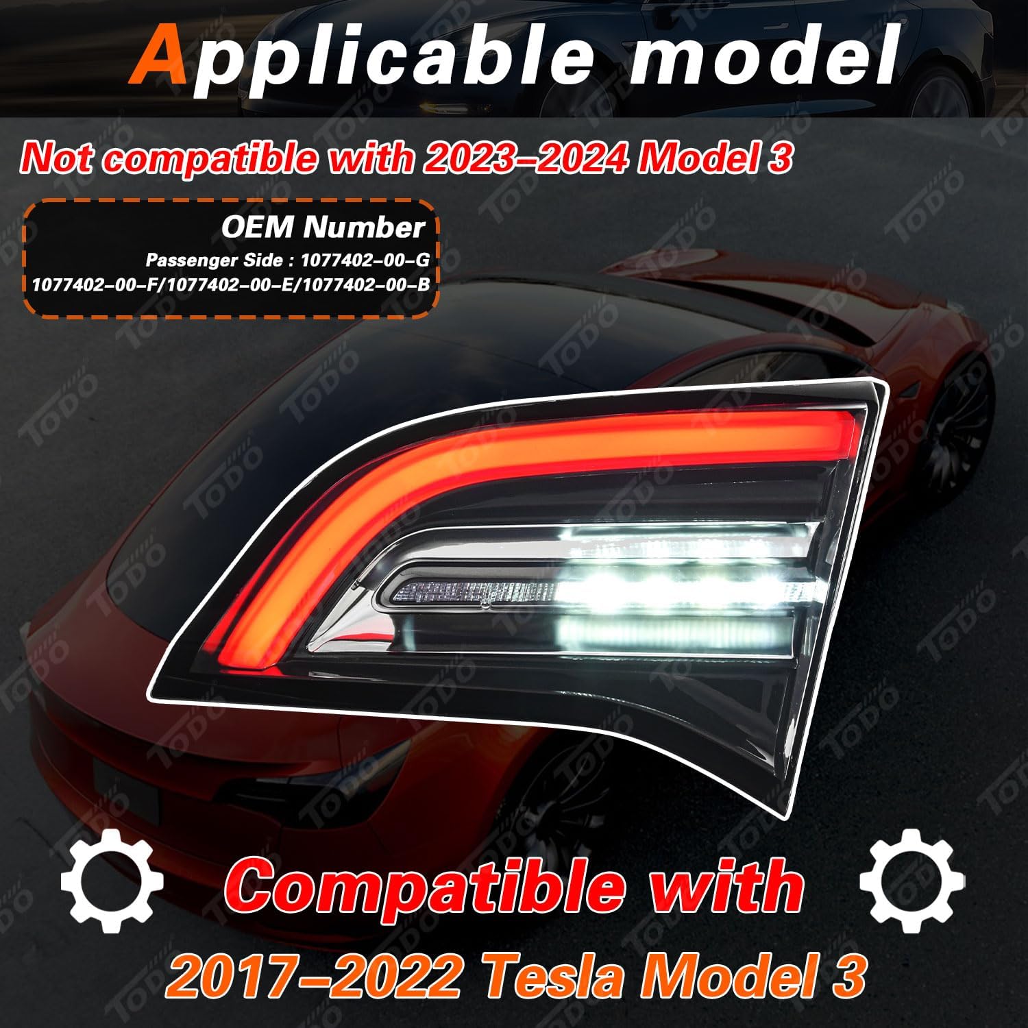 TODO 1077402-00-G 3 Pin Inner Trunk Tail Lights Compatible With Tesla Model 3 2017-2021 1077402-00-F 1077402-00-E 1077402-00-B Rear Lamp Passenger Right Side