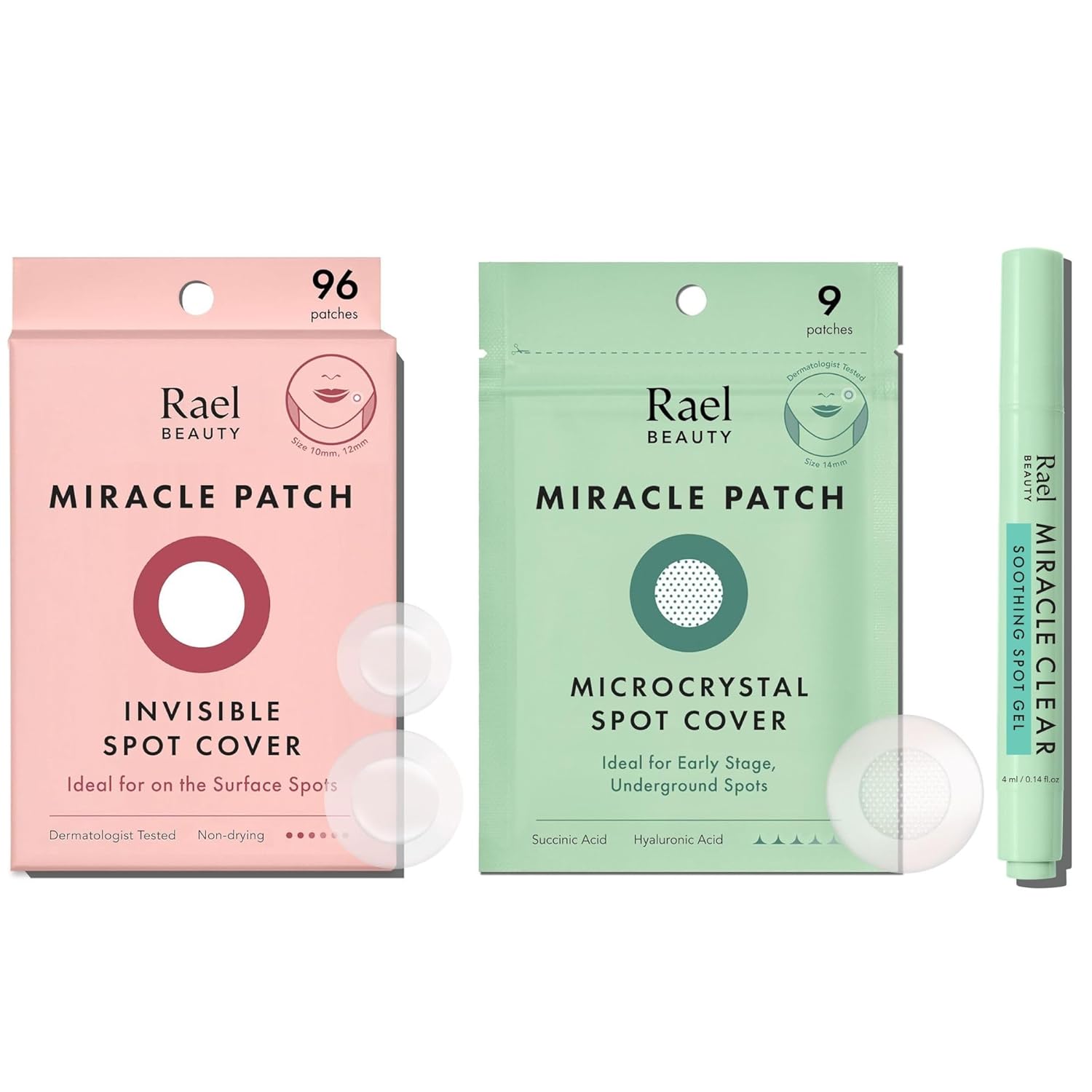 Rael Pimple Patches - Invisible Spot Cover (96 Count), Miracle Clear Soothing Acne Spot Gel (0.14oz), Microcrystal Spot Cover (9 Count)