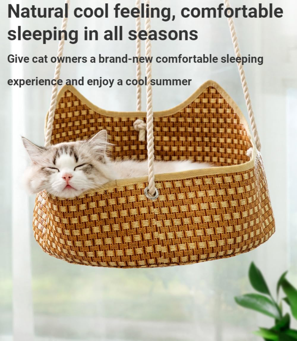 Cat Hammock Summer Cool Cat Cage Rattan Cat Nest Hanging Basket Balcony Cat Basking Sun Cat Bed Pet Supplies (Rattan)