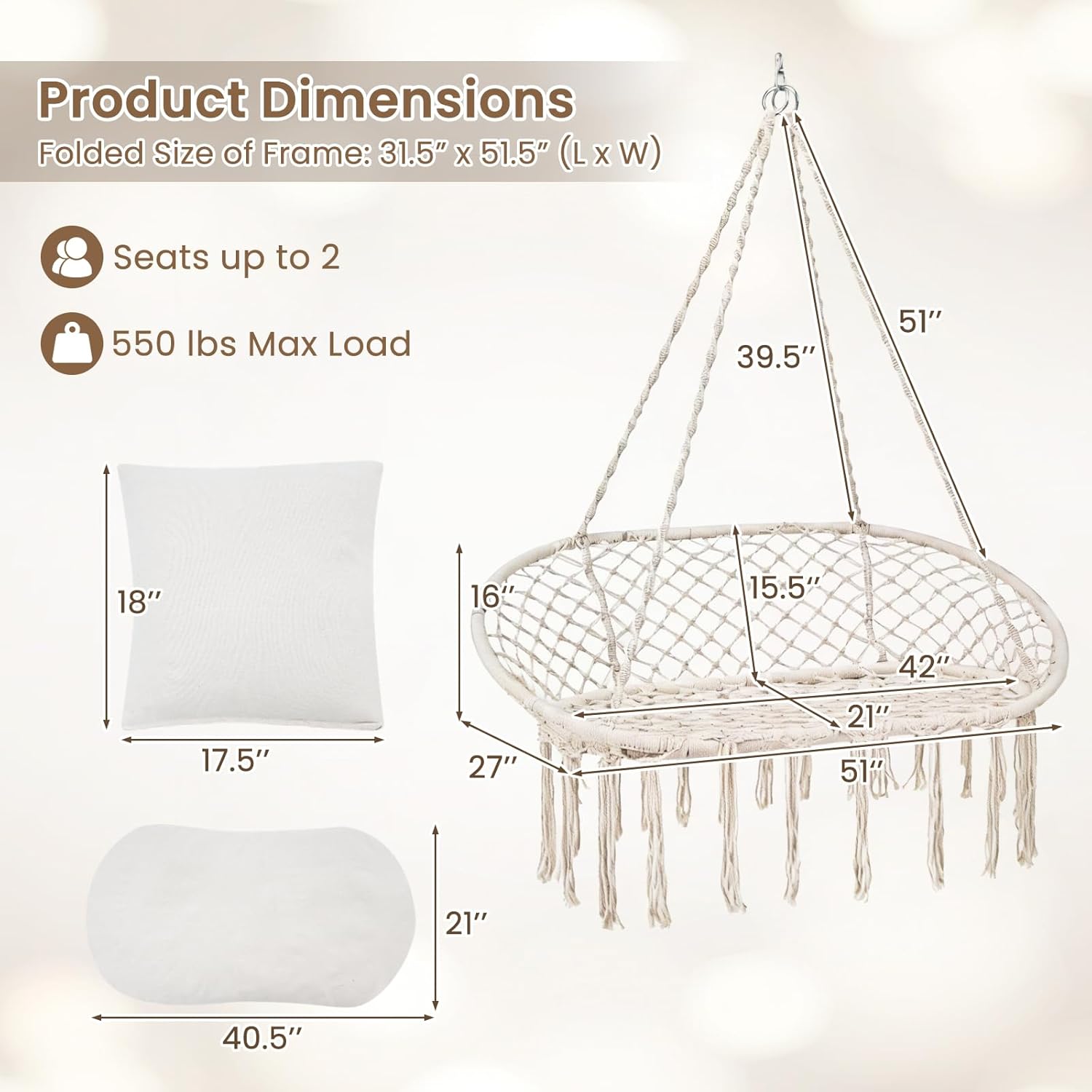 Tangkula 2-Person Hanging Hammock Chair with Cushions, Boho Style Macrame Hammock Swing with Tassels, Indoor Outdoor Cotton Rope Hanging Swing Chair for Bedroom, Porch, Balcony