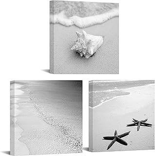 Artsbay 3 Piece Black White Tropical Sea Sand Beach Picture Canvas Print Ocean Wave Shell Starfish Poster Printed Painting...