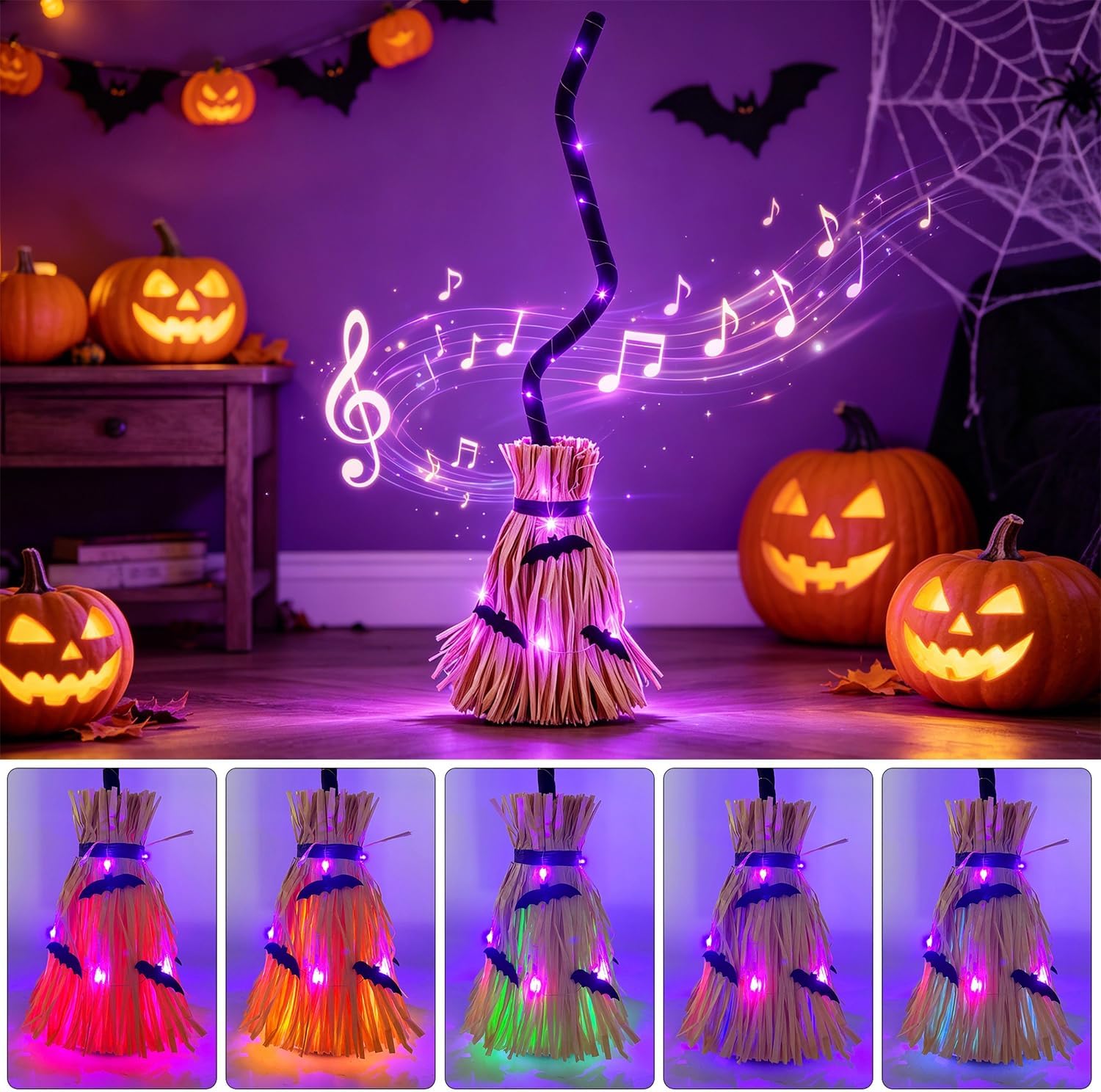 Glintoper Halloween Lighted Witches Broom, 32" Animated Moving Broomsticks | Sound/Touch Activated, Color Changing Lights & Spooky Sounds for Indoor & Outdoor Festival Home Haunted House Halloween Decor