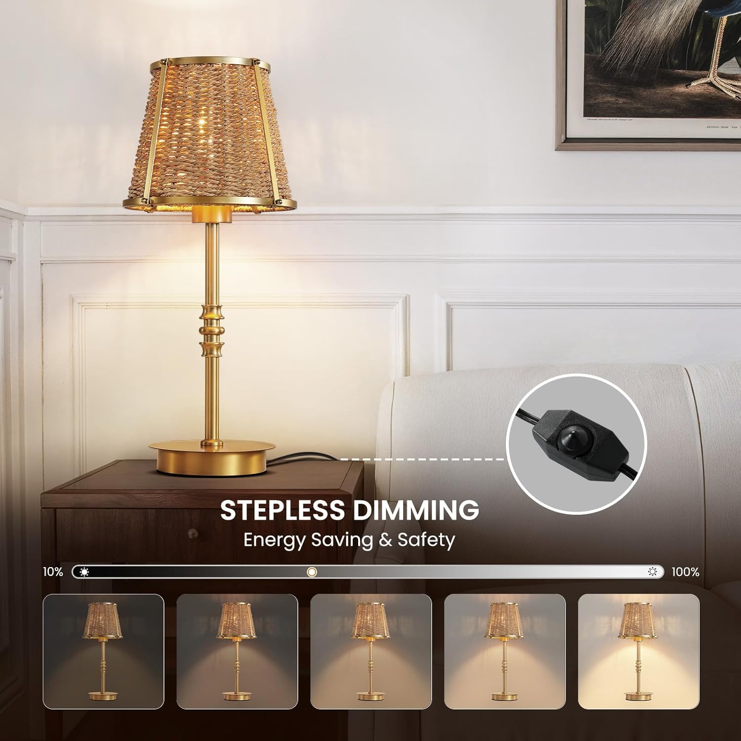 Bedside Table Lamp for Bedroom: Rattan Desk Lamp with Dimming Knob & AC Outlet, 18'' Vintage Nightstand Lamp with 70.8'' Power Cord for Living Room Dorm Office Kids Room Ambient Lighting(E26, No Bulb)