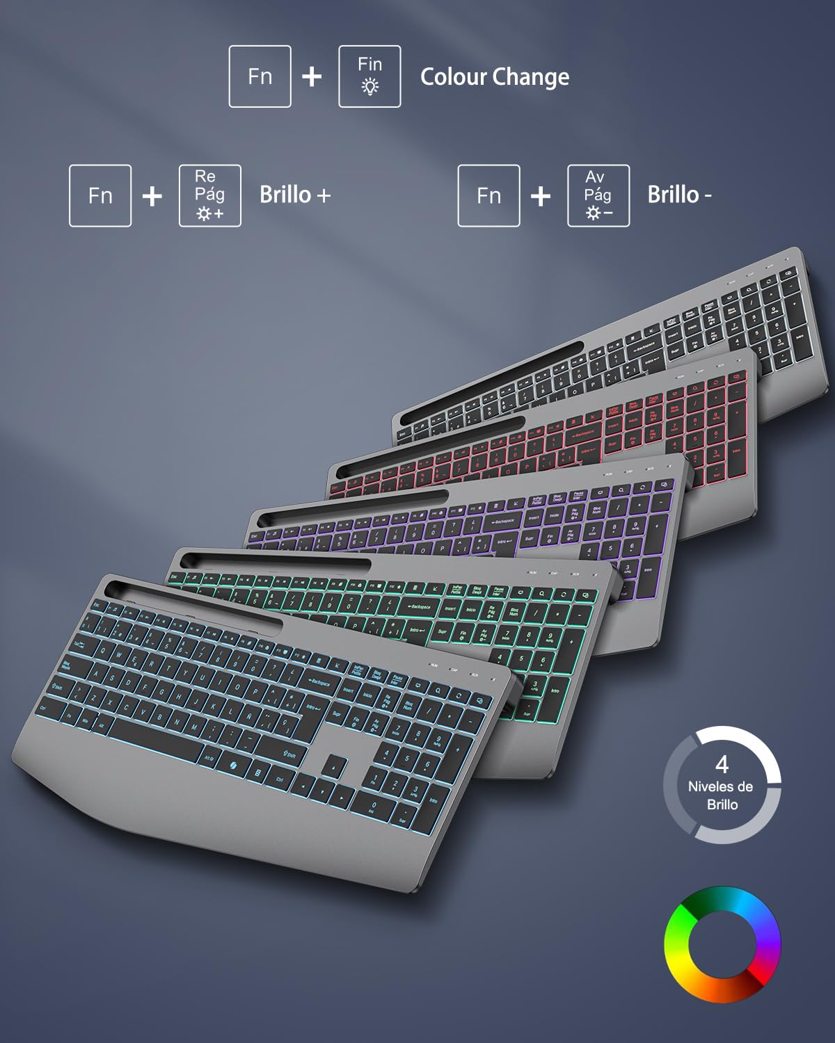 TECURS Teclado Inalámbrico Ergonómico con Reposamuñecas y Soporte para Móvil, 2.4G Teclado Silencioso Recargable, Retroiluminación, Teclado Español QWERTY para Windows 11/10/8/7/Vista/XP/PC/Laptop