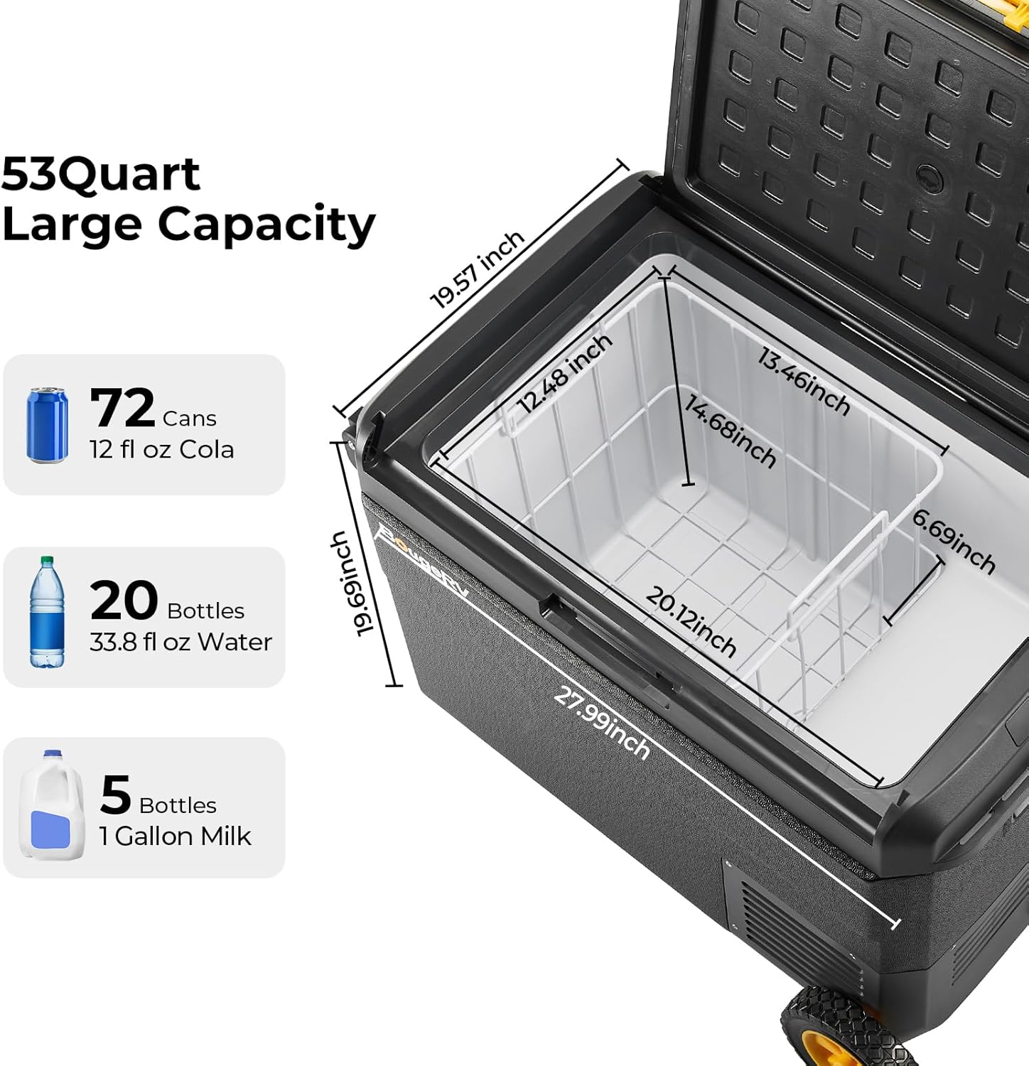 Diagram showing the dimensions and capacity of the 53 Quart portable refrigerator