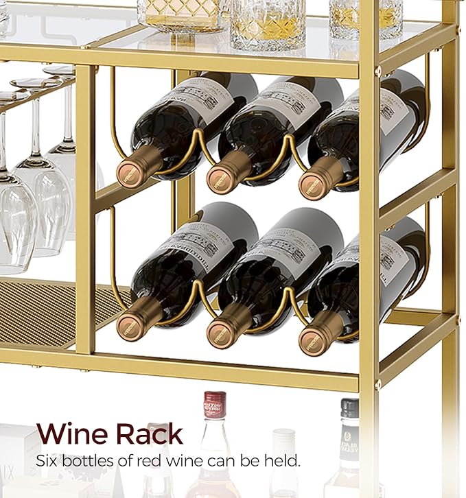 Carrito Bar MAHANCRIS, 3 Niveles con Ruedas, Soporte Vinos y Portacopas, Dorado miniatura 6