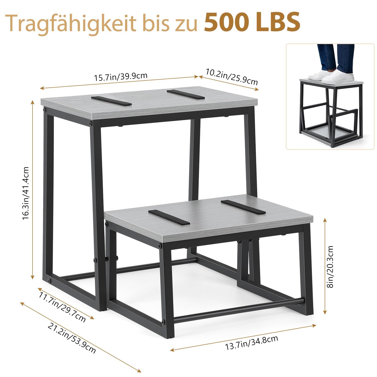 smusei Sgabello pieghevole a 2 gradini, per adulti e bambini, 3 in 1, stabile, in legno, rimovibile, per cucina, bagno, camera da letto, WC, capacità di carico 200 kg, colore: grigio