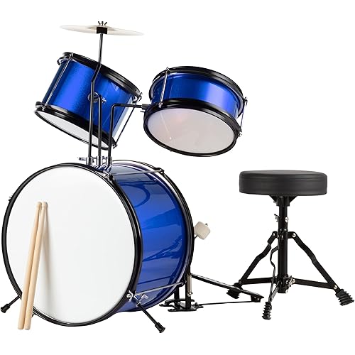 Hey Play Kids 3-Piece Drum Set - Kit With Cymbal, 2 Toms, Bass and Pedal, Drumsticks and Throne - Beginner Musical Instruments (Blue)