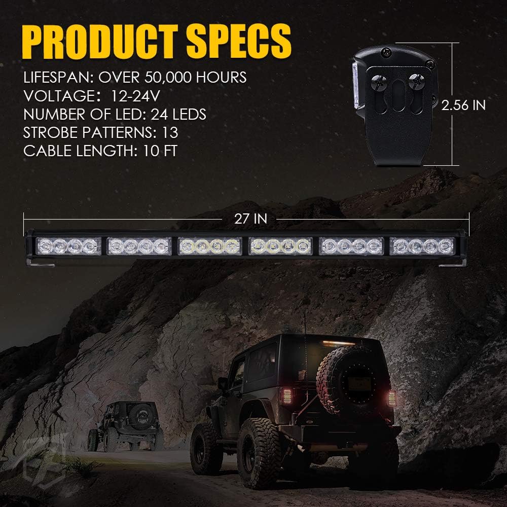 Xprite 27 Inch LED Traffic Advisor Strobe Light Bar, 13 Flashing Patterns w/Suction Cup Mount, Windshield Deck Emergency Warning Light Bar for Firefighter Ambulance Vehicles Trucks SUV -White Red