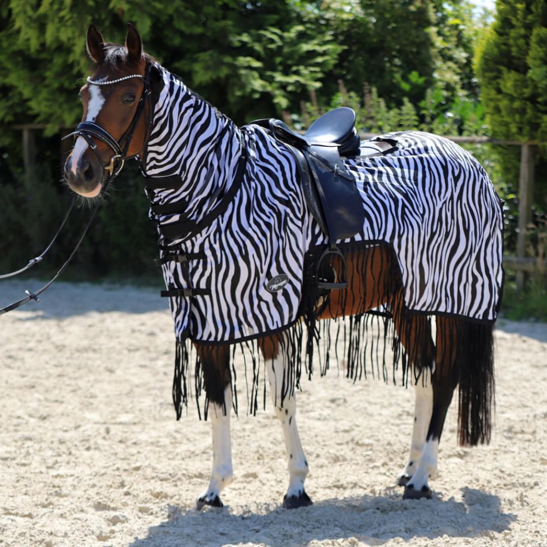 Marengos Zebra Fliegenausreitdecke mit Fransen Pferdedecke Sattelausschnitt Halsteil Insektenschutz feinmaschig Fliegendecke Outdoor Schwarz/Weiß 155 cm