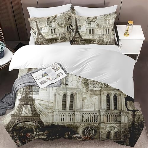 Miniatura 3 de Juego de edredón tamaño King, juego de ropa de cama suave de torre retro vintage de París para niños y adultos, juego de edredón gótico francés