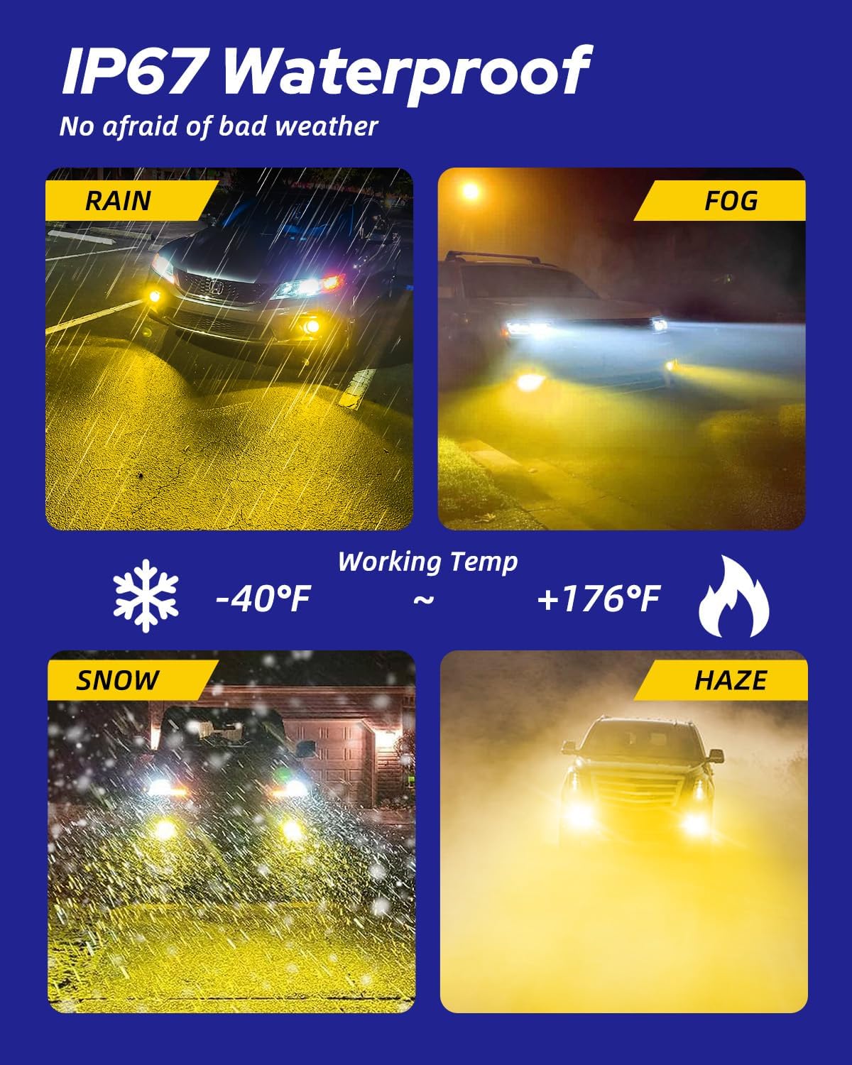 AUTOONE H8 H11 H16 LED Fog Light Bulbs or DRL, 3000K Amber Yellow Super Bright for Automotive Car Fog Lights Replacements, 50000 Hours Lifespan, Plug and Play, Pack of 2