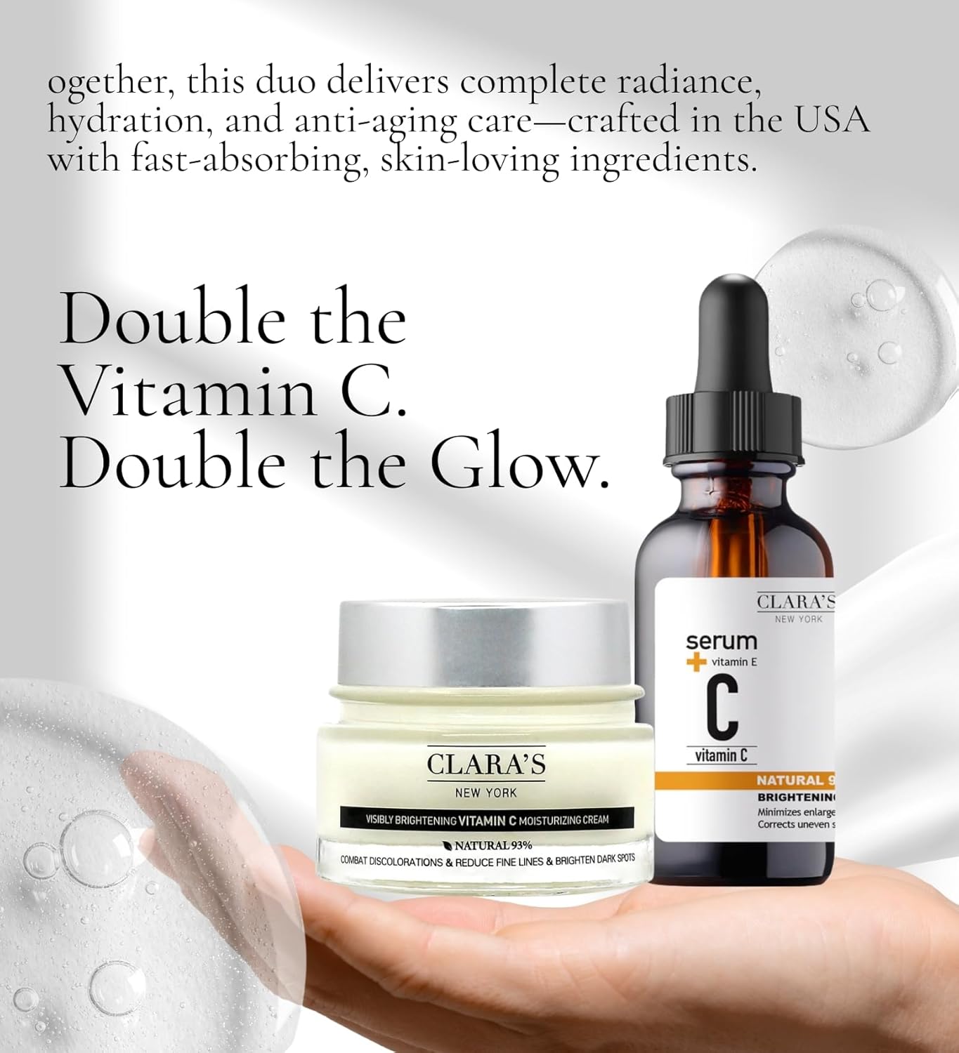 Clara's New York Vitamin C Serum for Face 1 fl oz Bundle with Vitamin C Moisturizing Cream 50 ml – Daily Hydration Skincare Duo for Balanced, Nourished & Healt– Gift Set (2 Items)