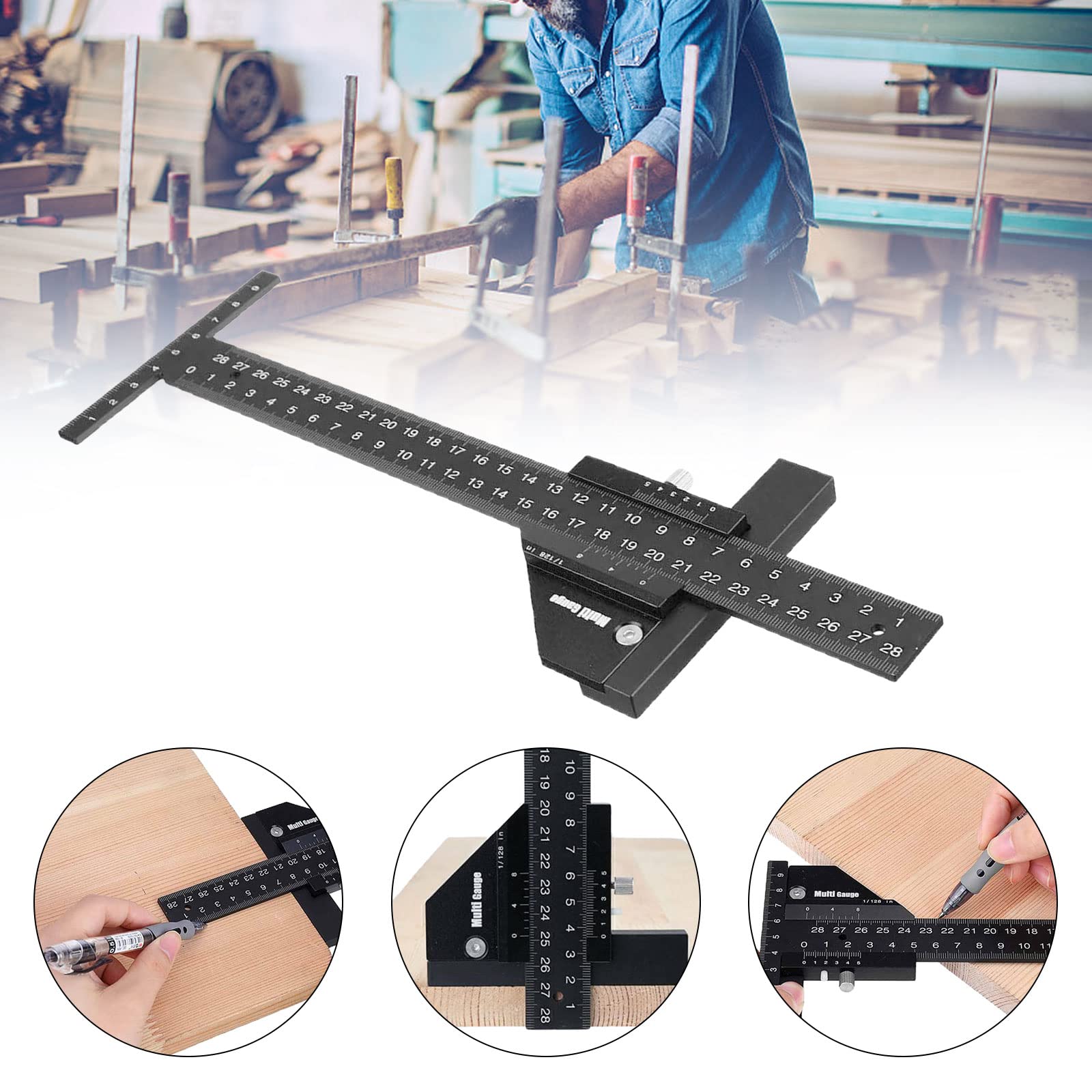 Produktbild von QWORK T-Lineal Aus Aluminiumlegierung – 300 Mm – Mit 45°/90°/135° Winkelmessung – Vielseitig Für Holzwerken & DIY
