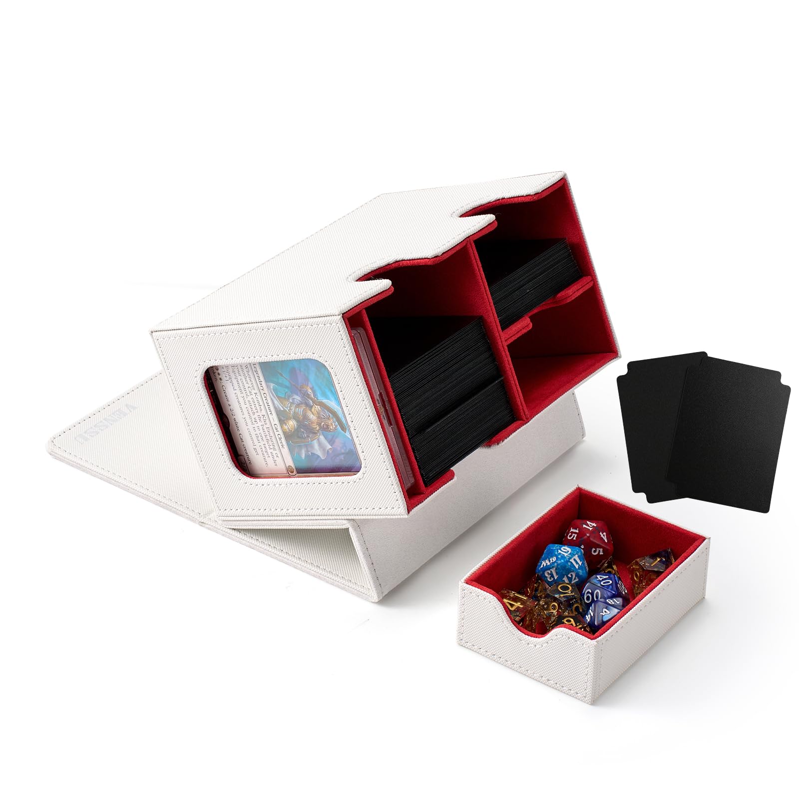 Venssu MTG Deck Box for Commander Display with Dice Tray, Deck Case Fits 160 Double Sleeved /200 Single Sleeved trading Cards, Storage Box TCG with 2 Dividers and 1 Magnetic Card Holder (White＆Red)