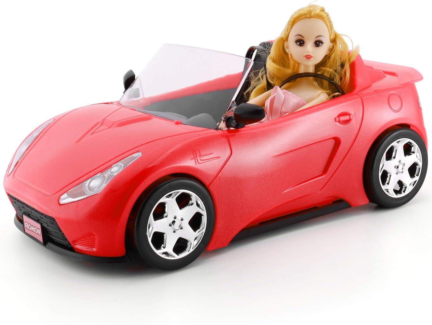 Convertible Car for Dolls, Glittering Deep Red Convertible Doll Vehicle with Working Seat Belts Ideal Gift Increase Children's Fun