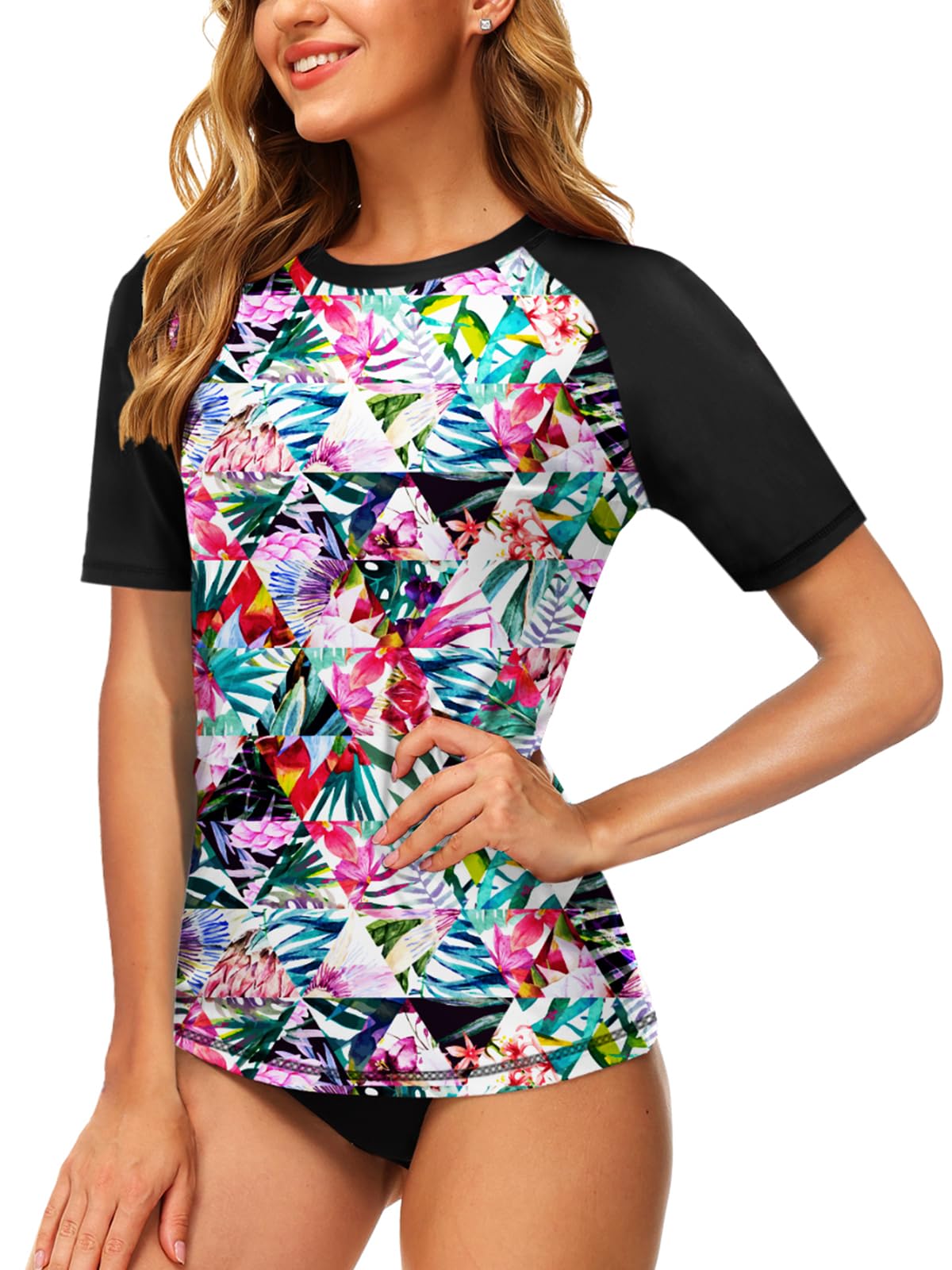 AOBUTE Women Short Sleeve Rash Guard UPF 50+ Tropical Sun Protection Floral Swim Shirts