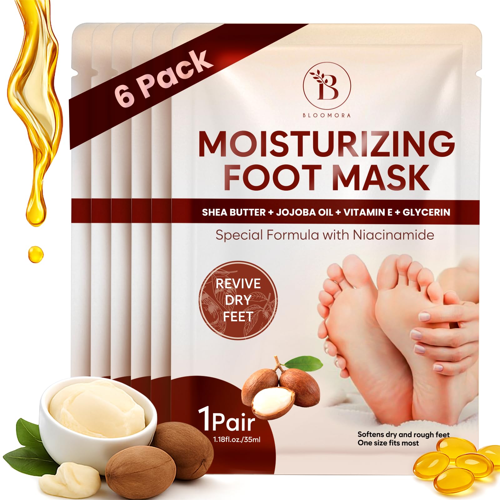 Weichmachende Fußmaske, Fussmaske Socken, Feuchtigkeitsspendende Anti Hornhaut Socken, mit Sheabutter, Jojobaöl & Vitamin E, Foot Mask Socks für weiche Füße & Trockene Füße (6 Paar)