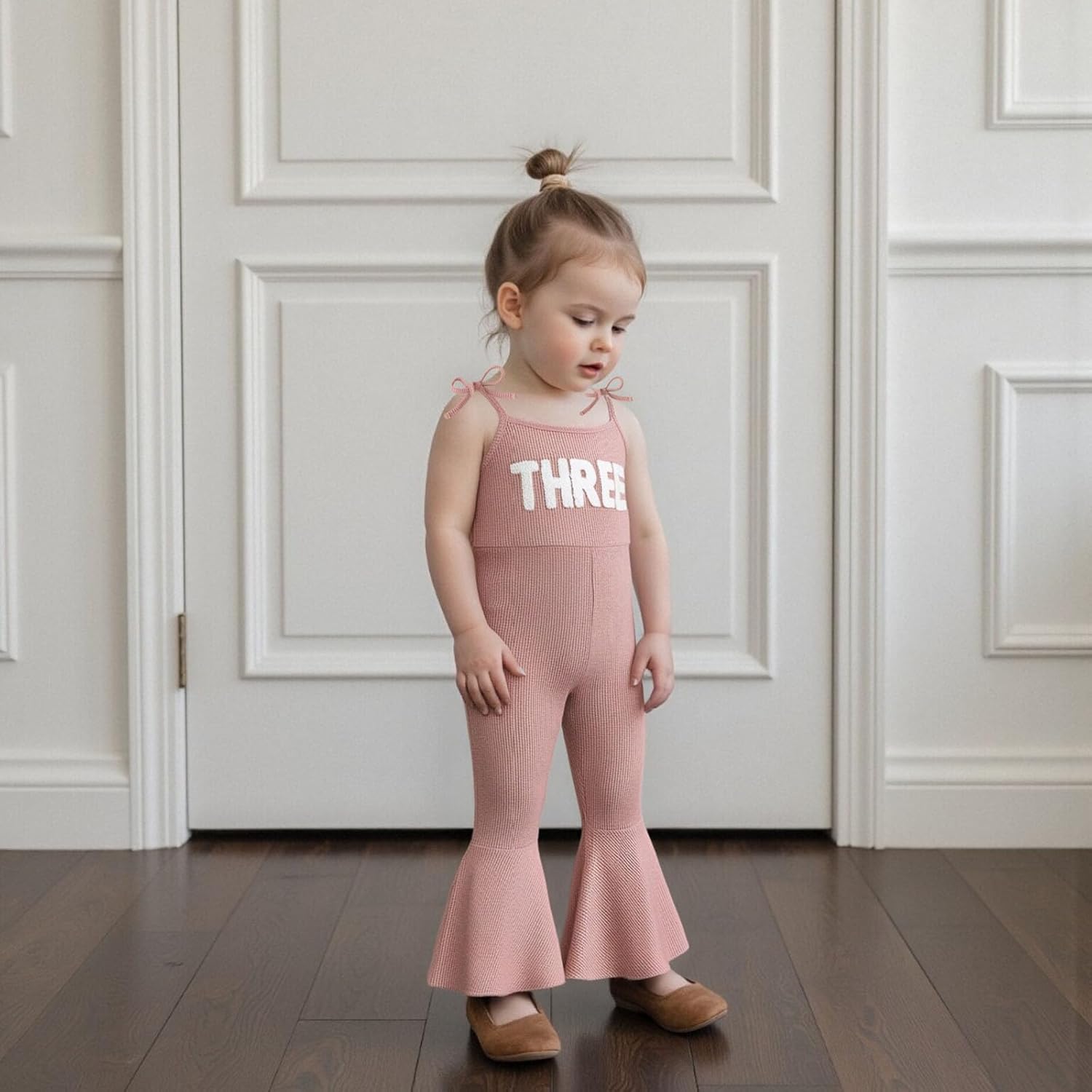 BULINGNA Kids Toddler Baby Girl Birthday Outfit Sleeveless Number Embroidery Knit Jumpsuit Flared Pants Birthday Clothes 1-6T - Image 3