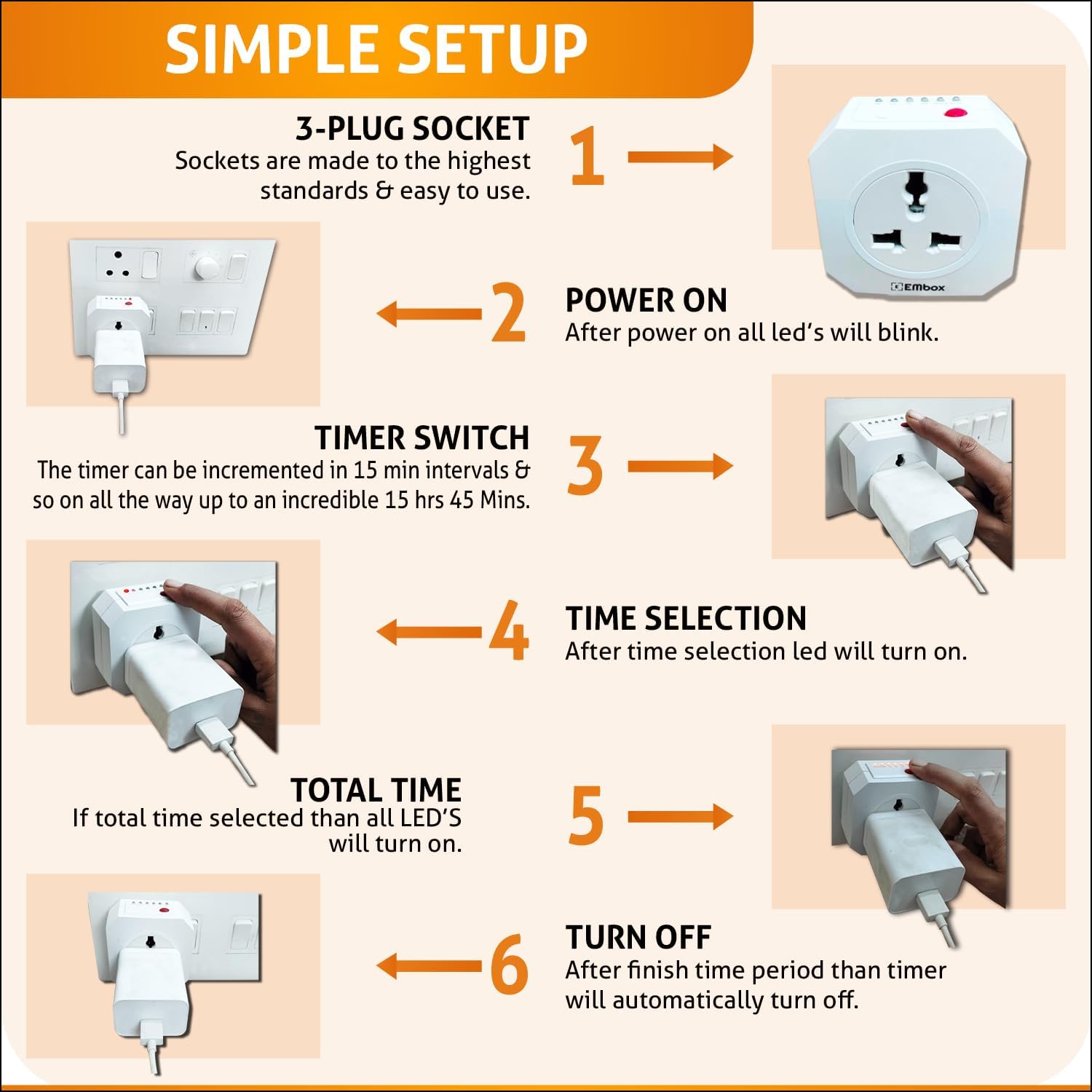 Embox Timer Switch for Lights | Automatic On Off Switch Timer | Programmable Power Cut Off for Lights | Charging Mobile Laptop Lighting Glow Sign Board Aquarium1500W 3