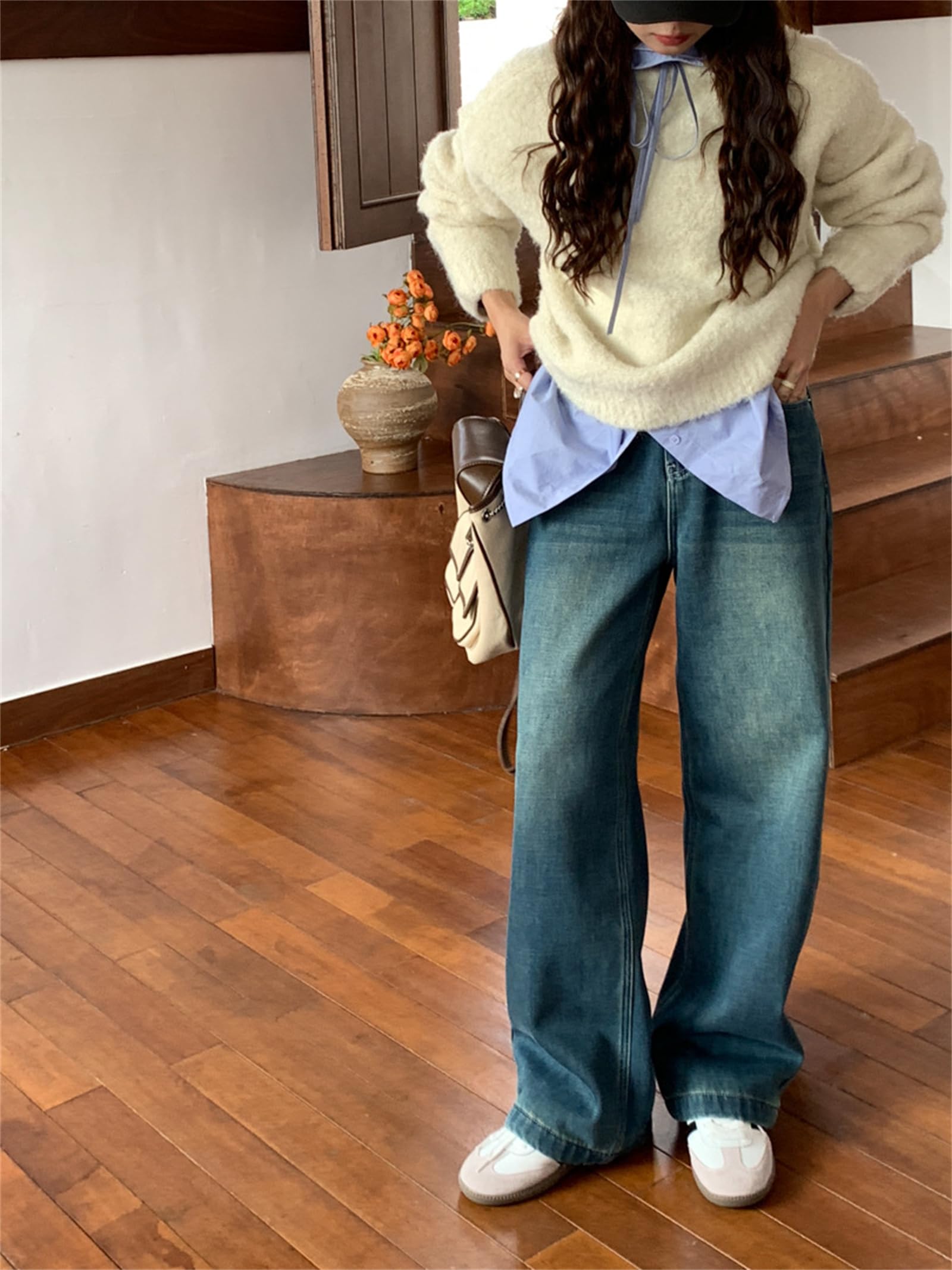 Pantaloni a Gamba Larga in Denim Autunno e Inverno Jeans Large Leg in Velluto da Donna
