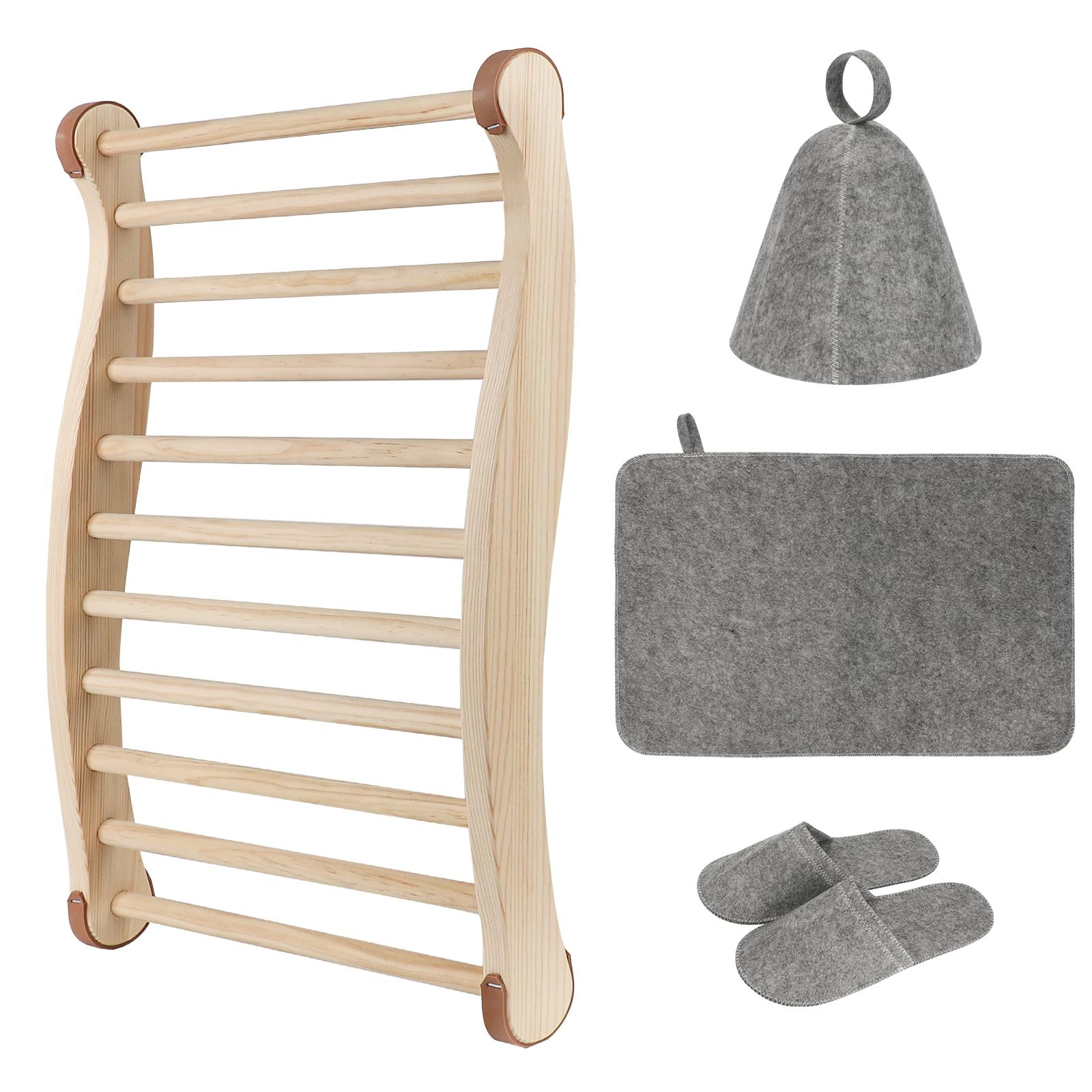 Sauna Backrest Sauna Accessories Wooden Slip-Resistant Non-Toxic Comfortable S-Shape Design Sauna Chair - Sauna Accessories with Felt Sauna Hat, Seat Pad and Slippers for Any Barrel or Infrared Sauna