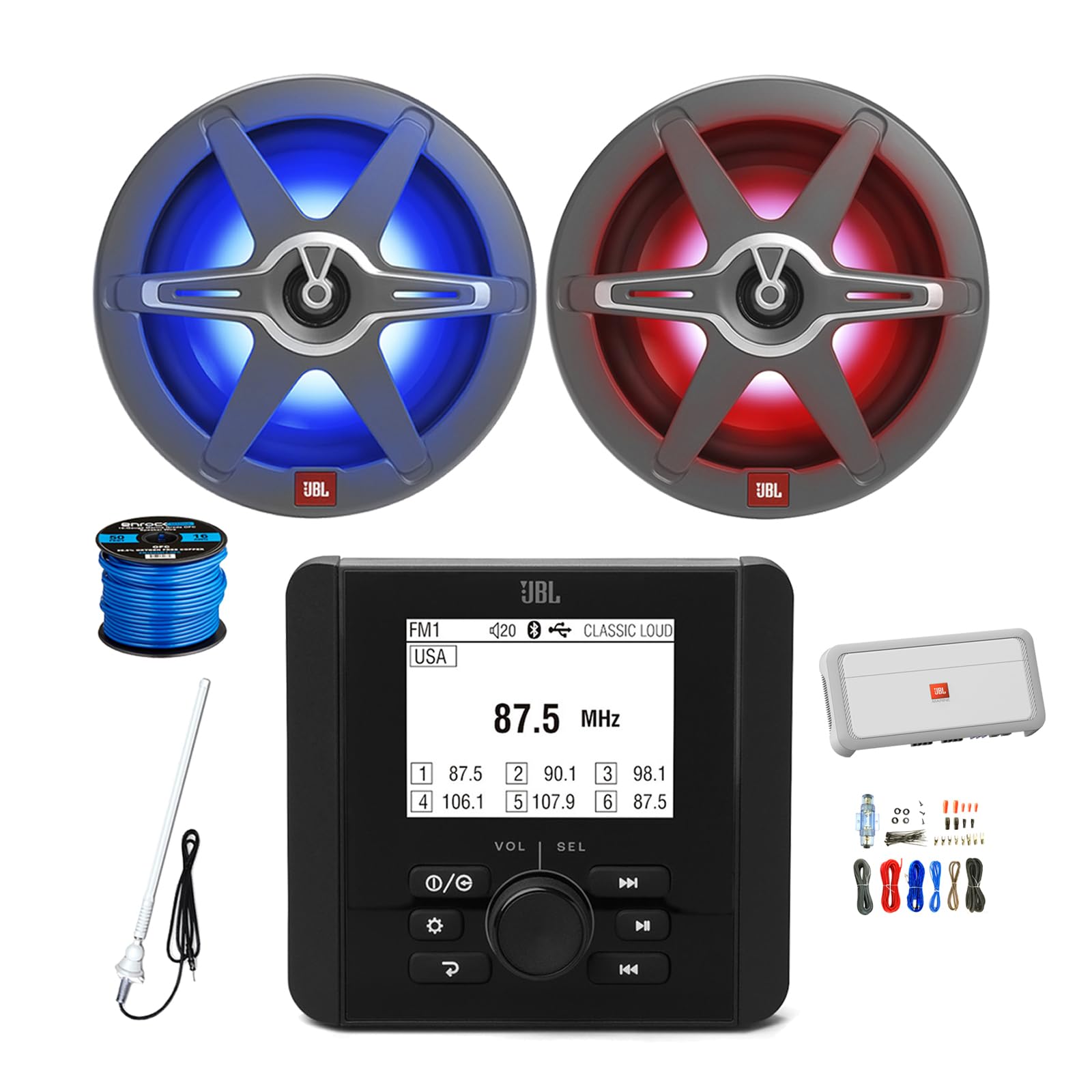 Marine Gauge Hole Mount Bluetooth AM/FM Radio Receiver, 2X 8 450 Watt 2-Way Multicolor LED Outdoor Audio Speakers, Amplifier w/Install Kit, Radio Antenna, Wire