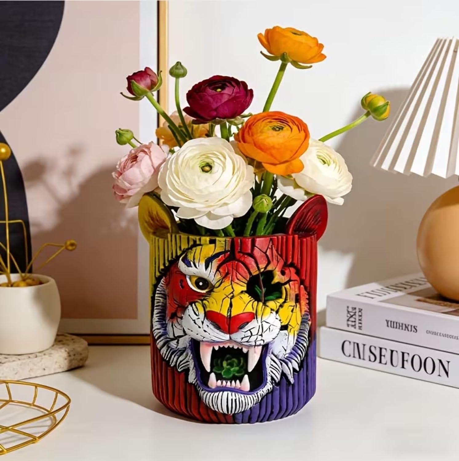 Animals Planter Plant Pot Creative Colorful Tiger Resin Flower Pot with Drainage Tiger Face Flower Pot Decor for Home Desktop Balcony image 3