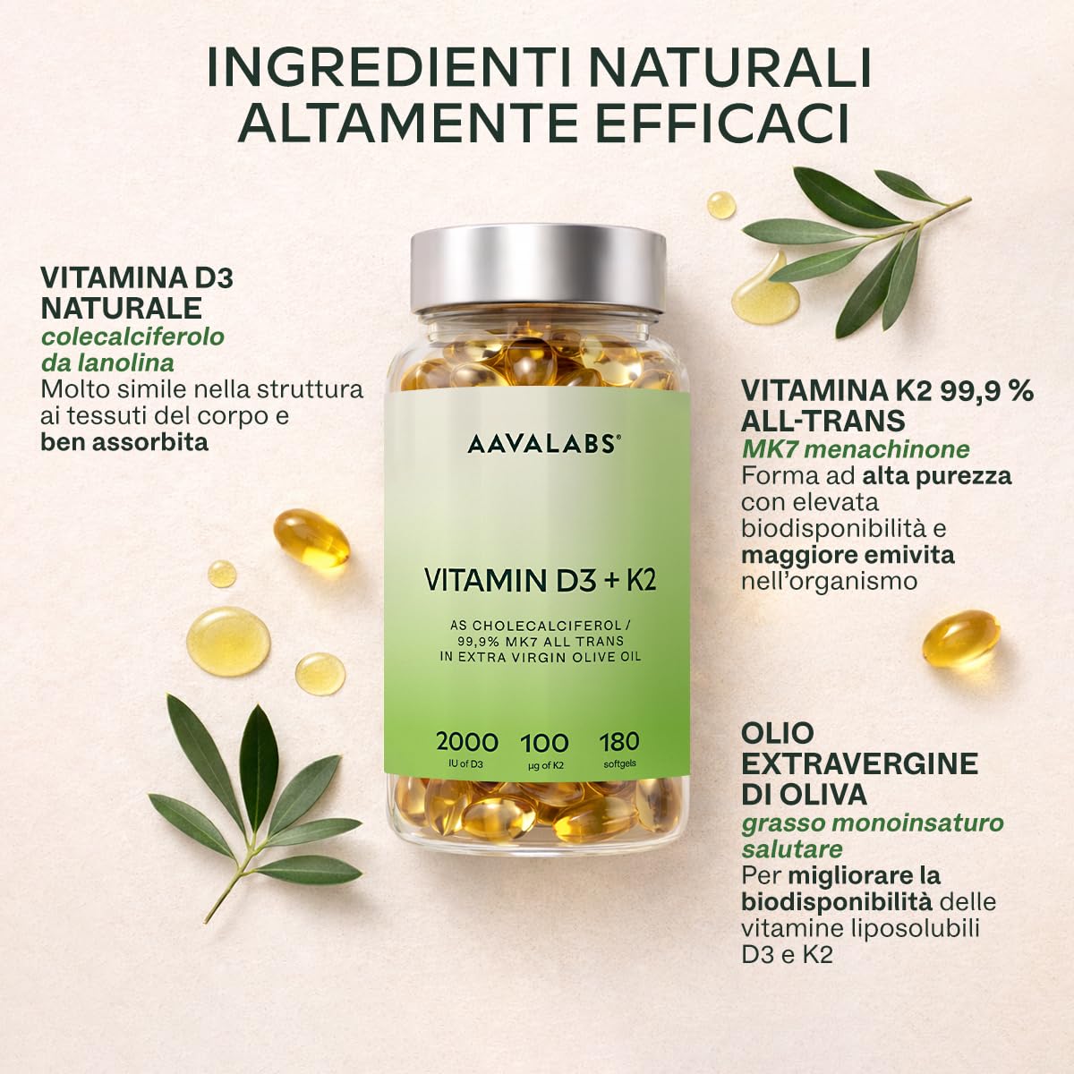 Vitamina D3 K2 Alto Assorbimento Olio Extravergine d'Oliva - Vitamina D3 2000 UI + Vitamina K2 MK7 100 μg - Vitamina D 2000 UI e Vitamina K - 180 Capsule