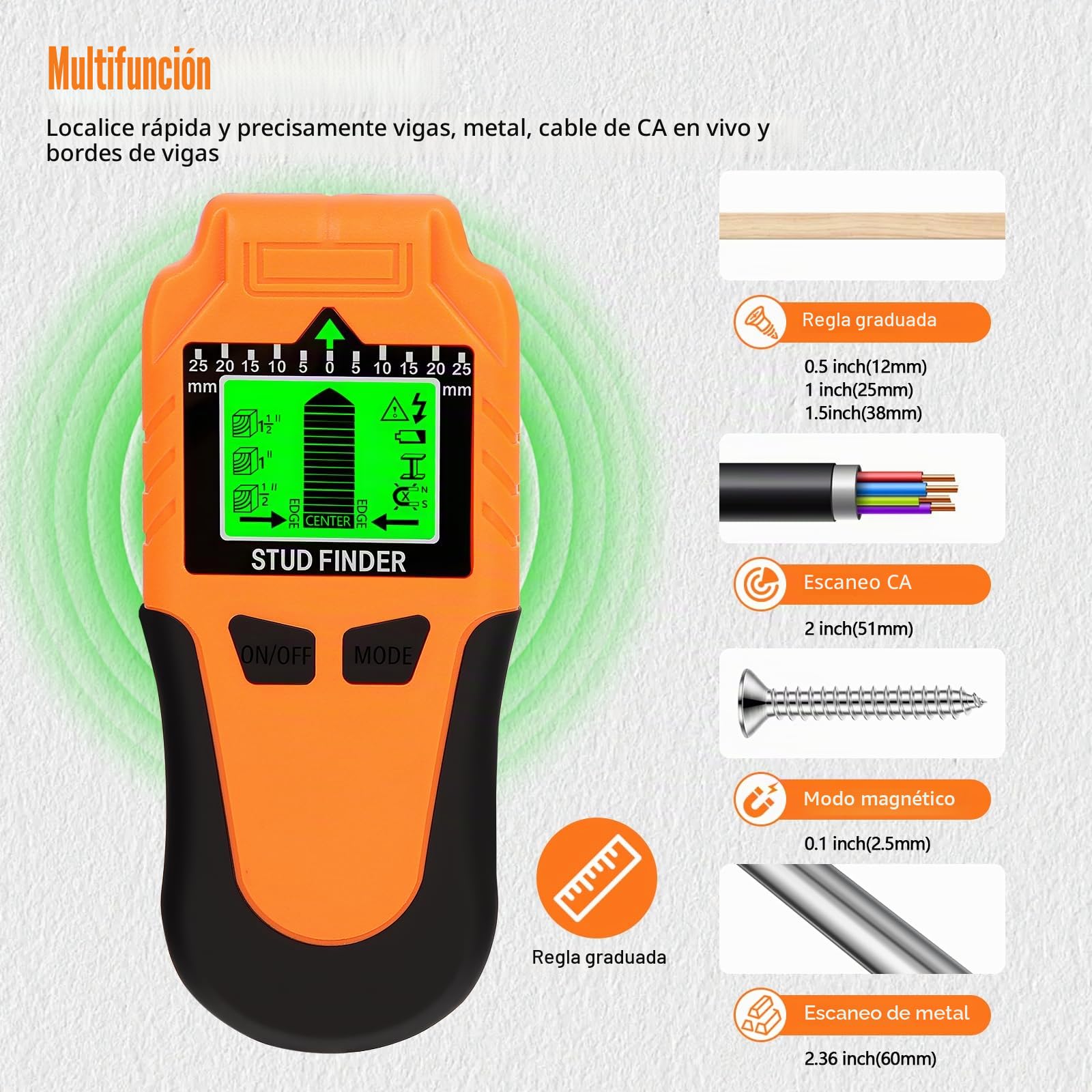 Detector Cables y tuberias 6-en-1 - Detector de Vigas Mejorado con Pantalla LCD y Alarma Sonora, Sensor de Pared Preciso para Madera, Metal y Cables Eléctricos (Naranja)