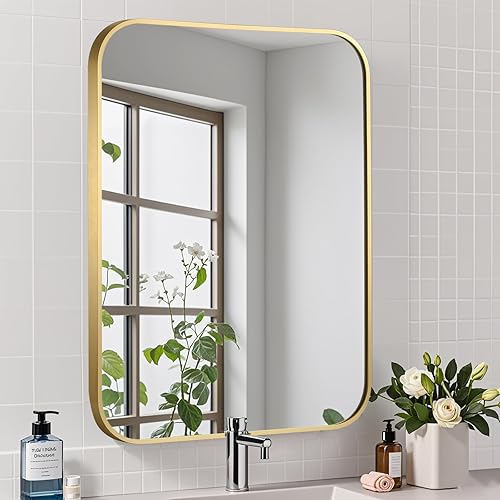 Espejo de baño negro, espejo rectangular de 16 x 20 pulgadas, espejo negro mate, espejo de esquina cuadrada con marco de metal, espejo de pared para