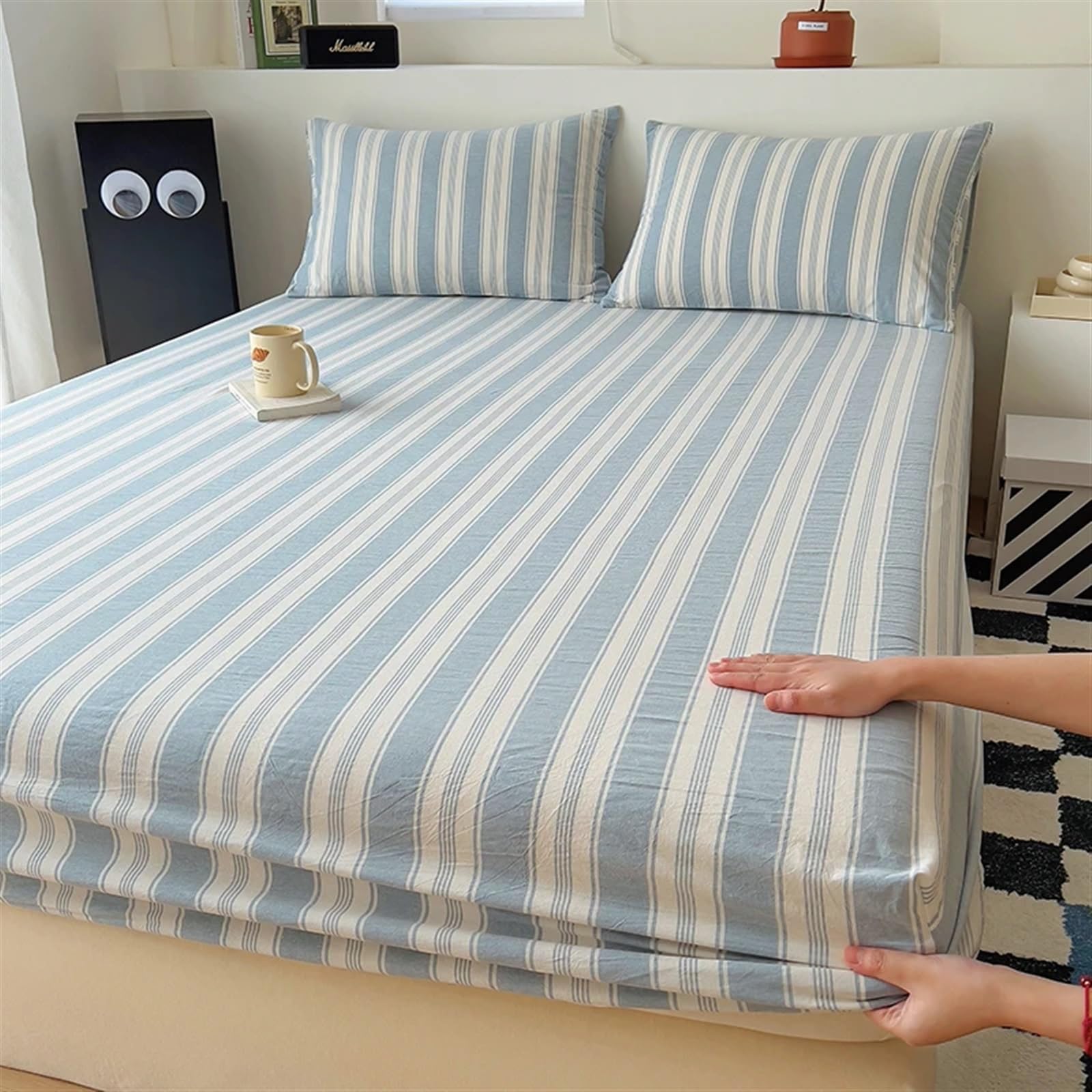 Draps Housses Drap-Housse en Coton, Lin Teint Fil à Rayures
