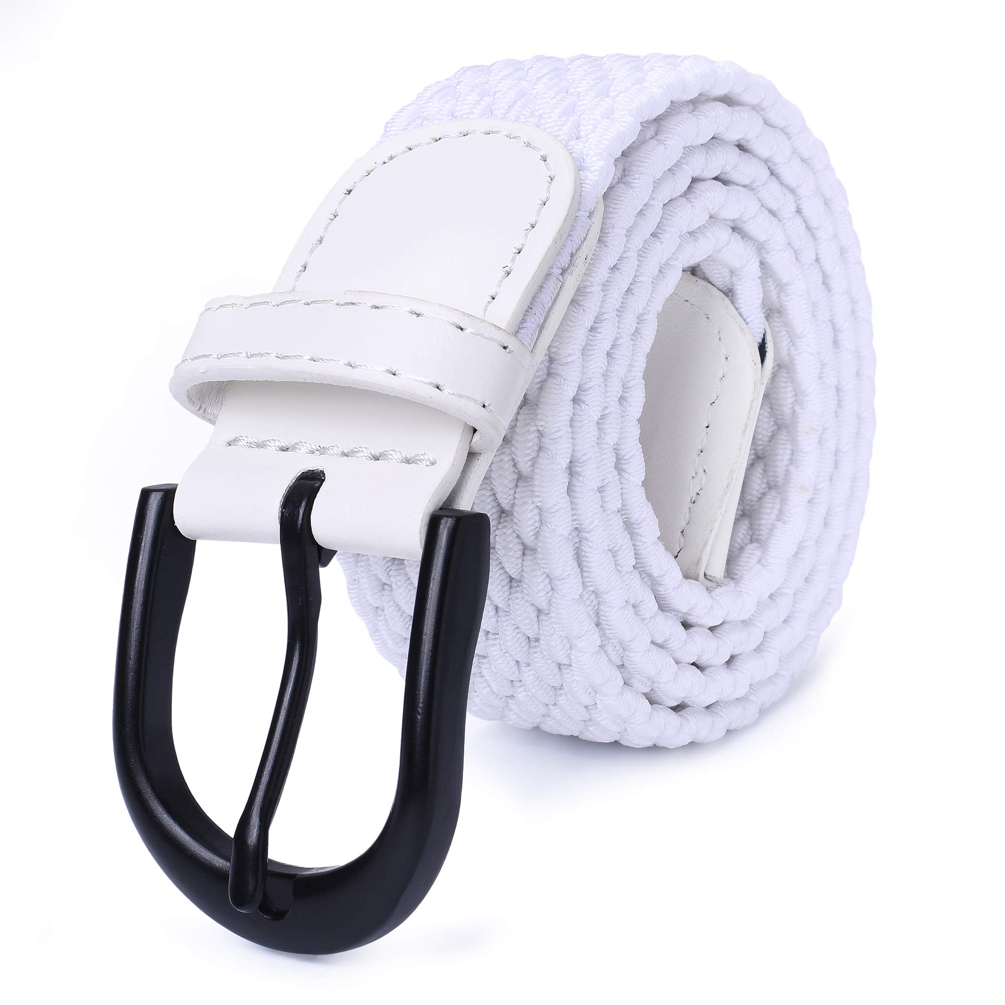 | Braided Stretch Elastic Belts | Pin Oval Solid Black Belt Buckle | PU Loop End Tip Men/Women/Junior Belt