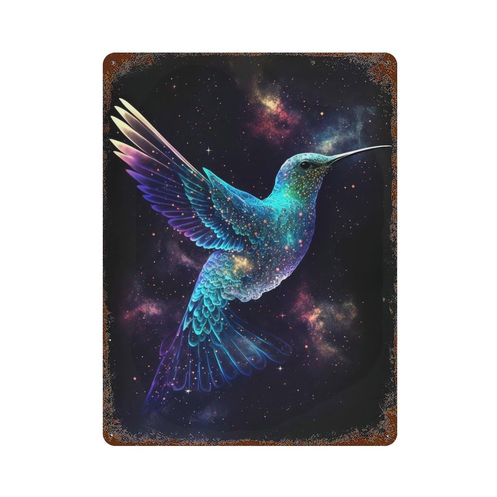 Space Hummingbird 15.7"x11.8" Rust Effect Tin Sign, Vintage Wall Decor for Farmhouse, Kitchen And Entryway Decor