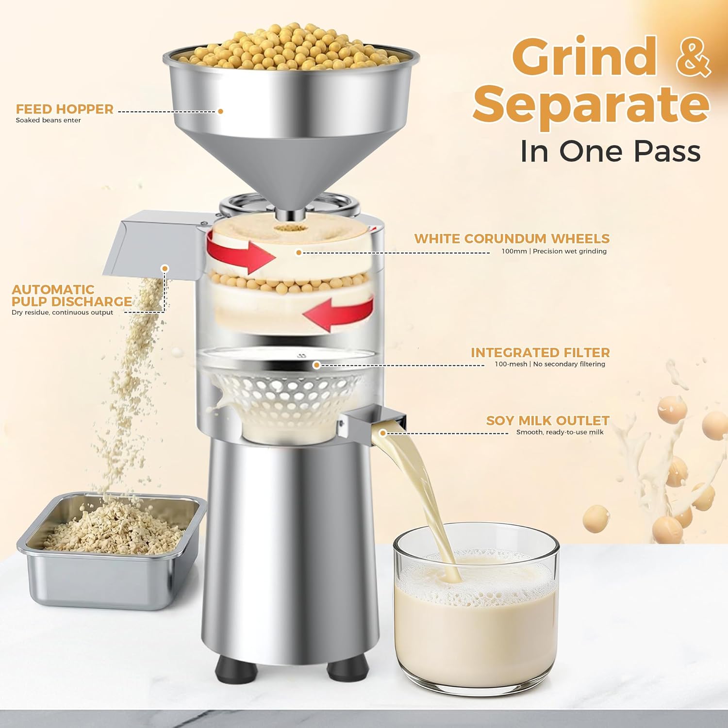 Commercial Soy Milk Maker,Heavy-Duty 1100W Commercial Motor 25KG/H Automatic Stainless Steel Soybean Milk Maker Machine 2800RPM with Slag Separation for Soymilk,Nut Milk,Tofu,Rice Milk for Restaurant