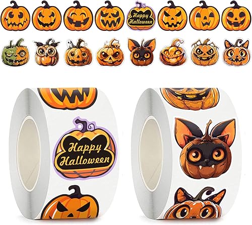 Miniatura 8 de Calcomanías de Halloween para niños, 1000 unidades, rollo de calcomanías de Halloween, calabaza, murciélago, araña, 16 colores y diseños vibrantes