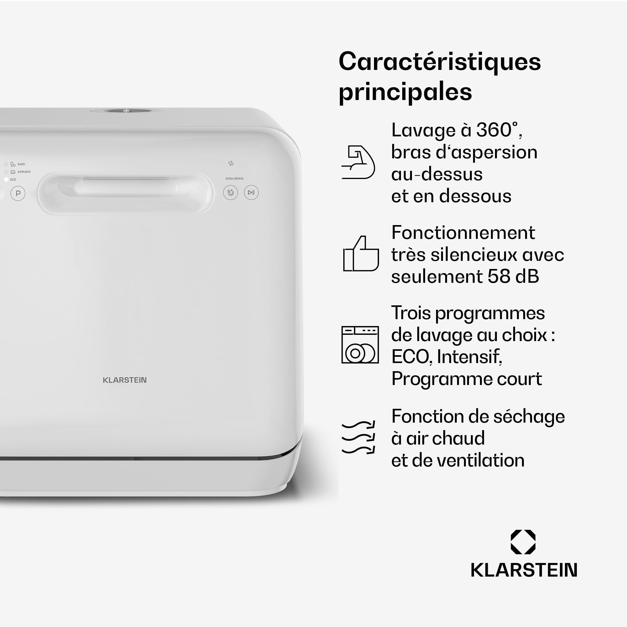 Klarstein Aquatica Mini Lave Vaisselle – Compact, Sans Arrivée d’Eau, 3 Programmes, 5L, 2 Couverts, Lave Vaisselle de Table Portable, Éco, Silencieux 58dB, Idéal Petit Espace