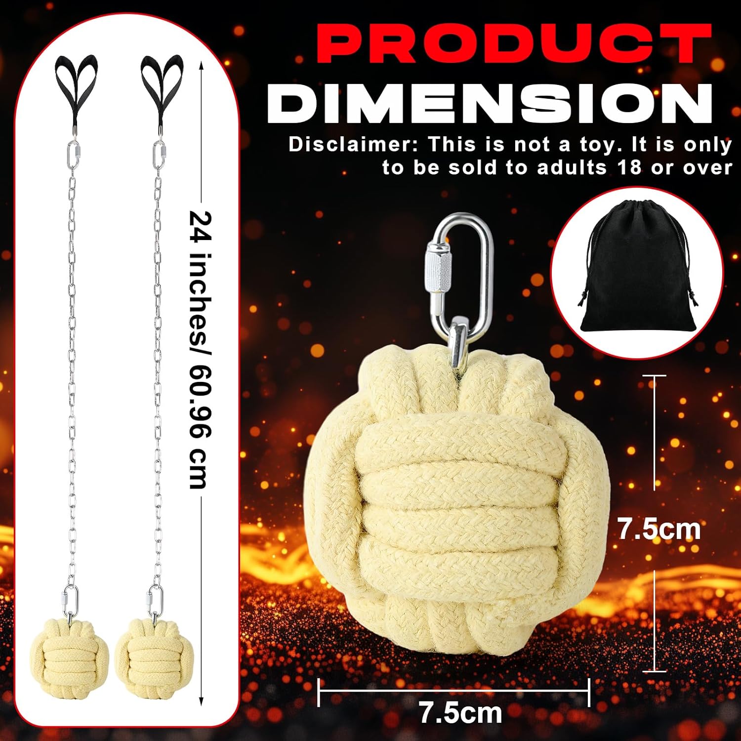 Shimeyao 2 Pack Fire Poi Set for Dancing 24" Stainless Steel Chain with 3" Woven Aramid Fiber Wick Heads & Carry Bag Poi Fire Dancing Equipment for Festivals & Performances All Levels of Gamer, Circus