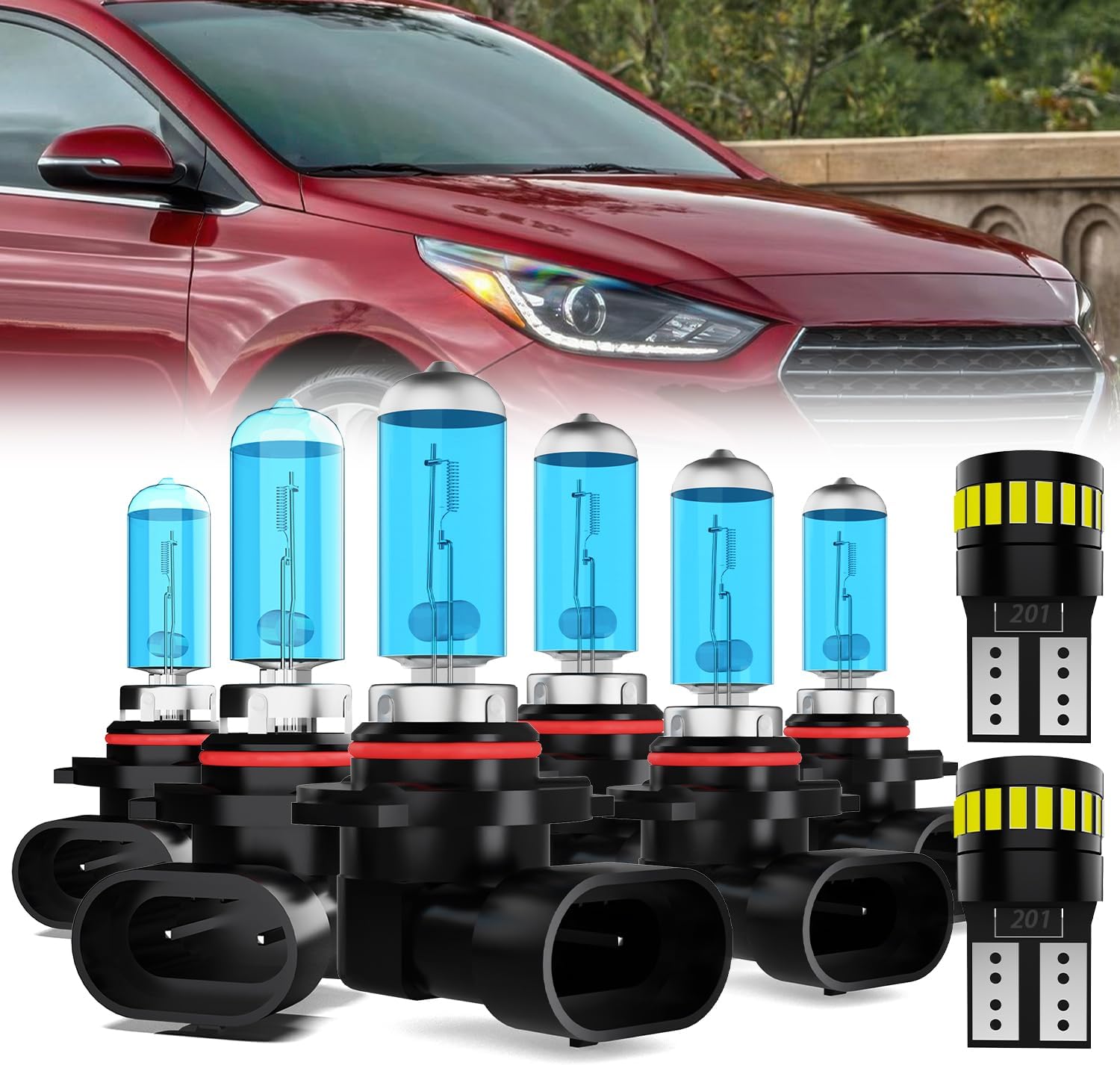 Headlight Bulbs + License Plate Lights - Fit For Hyundai Accent 2018-2022, 9005 High Beam + 9006 Low Beam + 9006 Fog Lights Halogen Bulbs, Pack of 8