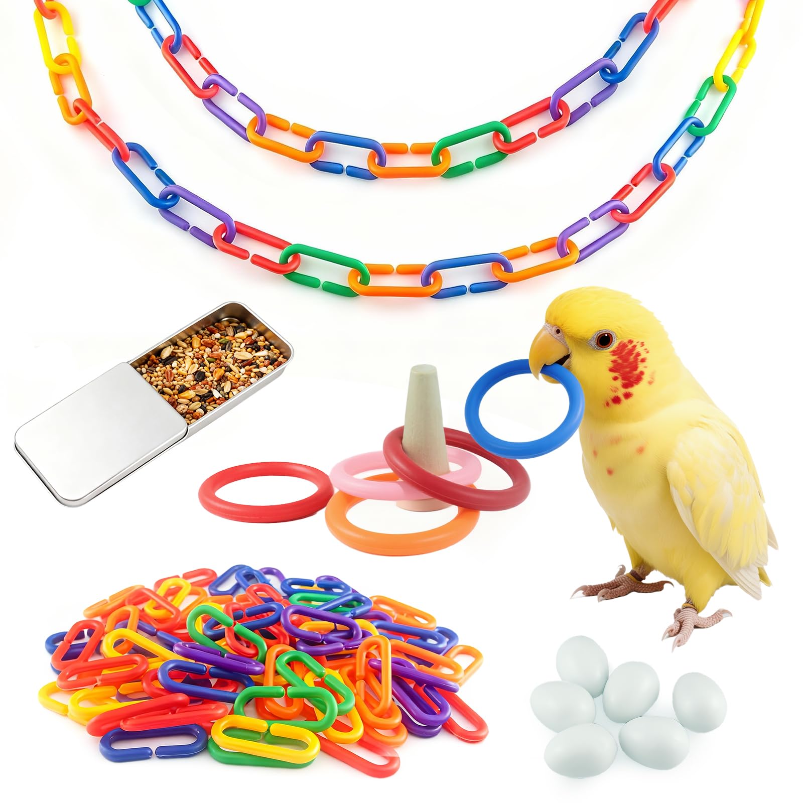 Parakeet Toys Bird Toys Interactive Foraging Set with Push-Pull Feeder, 80 pcs Rainbow Plastic Chain Links (C Clips), 6 Fake Eggs & Ring Toss. Cage Activity Enrichment for Cockatiel, Small Parrots