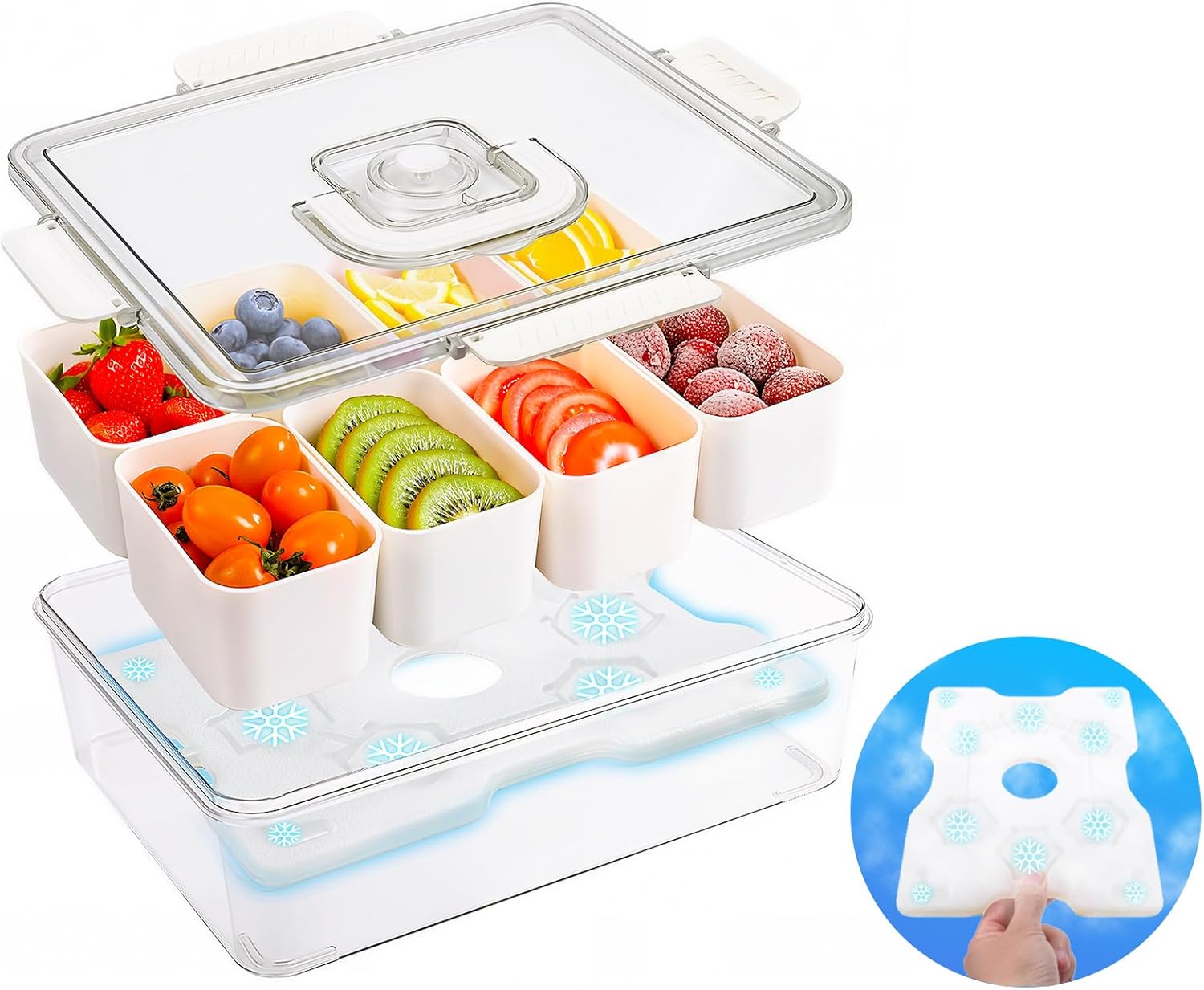 Portable Snackle Box Container with Ice Pack, Snack Container Divided Serving Tray, Cooling Travel Snacklebox with Lid & Handle, 8 Compartment Chilled Serving Tray for Beach, Outdoor, Picinic