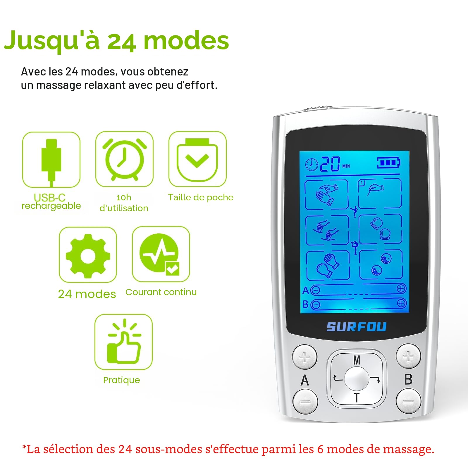 SURFOU 3 EN 1 Electrostimulateur Musculaire, Double Canal TENS/EMS Stimulateur Musculaire, 24 Programmes, Pour Soulager la Douleur, Massage, Thermothérapie