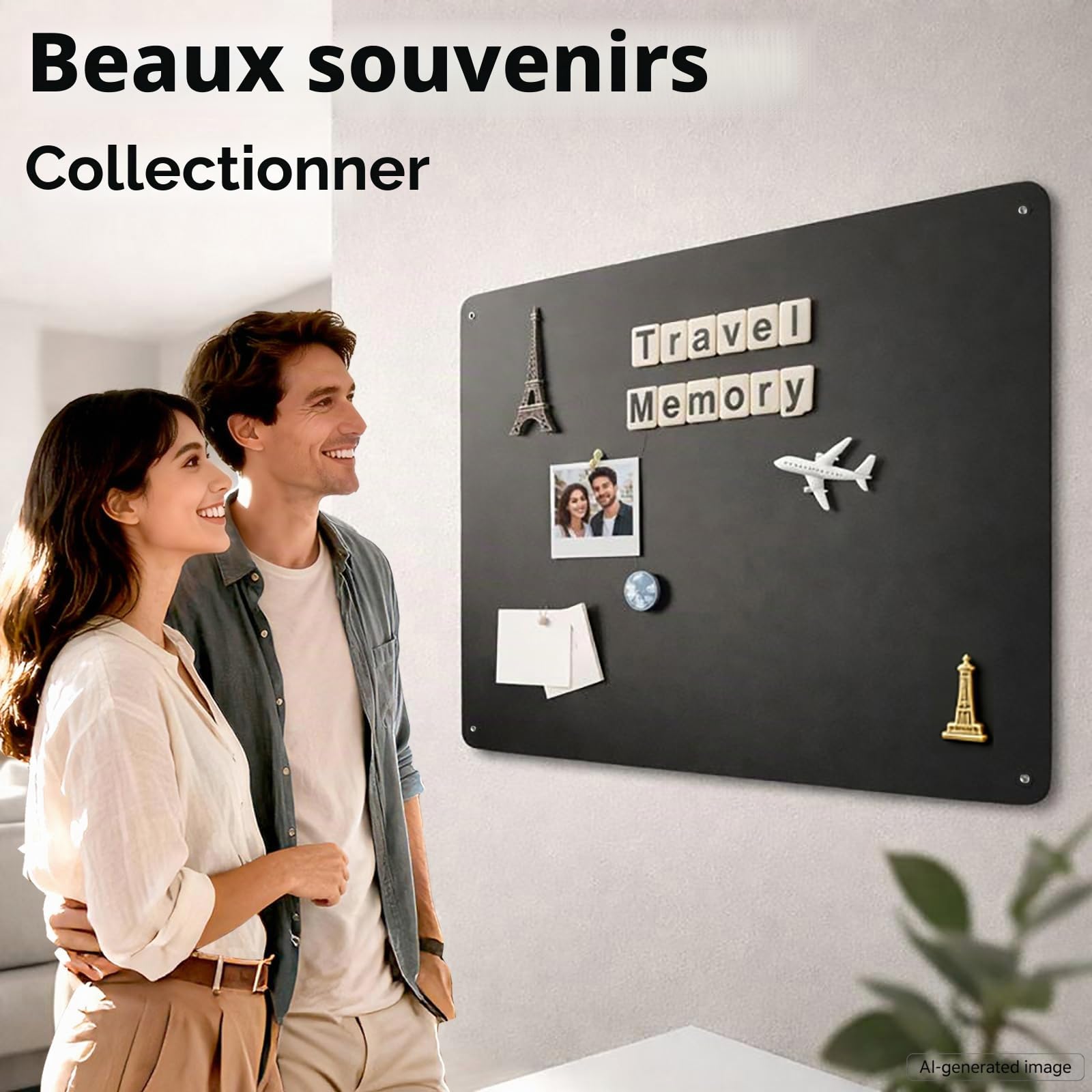 Tableau magnétique, noir, 30 x 70 cm, avec force magnétique puissante, pour photos et souvenirs, tableau magnétique mat pour salon, bureau, idéal pour les amateurs de voyage